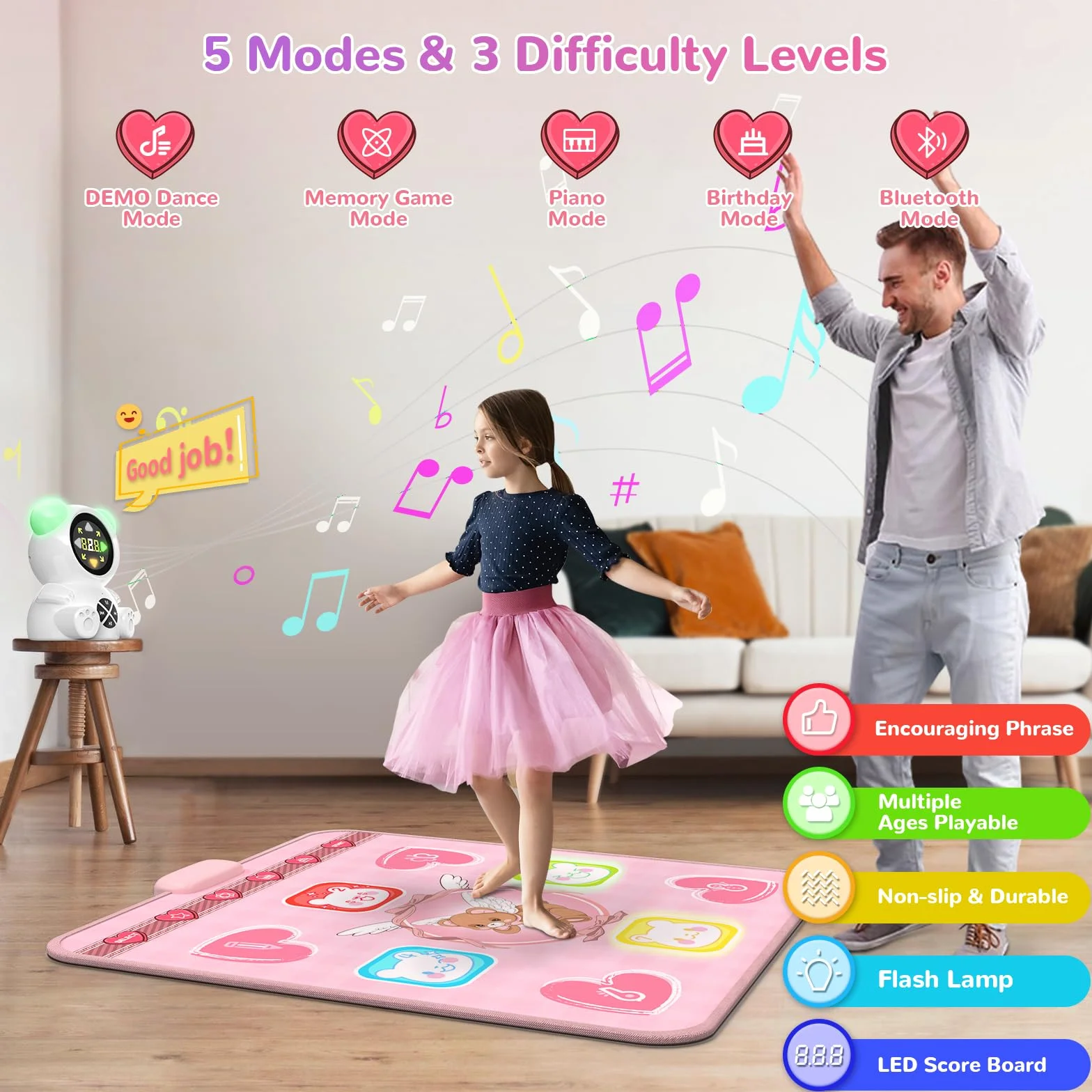 Akumulatorowa mata do tańca dla dziewczynek, podświetlana mata do tańca z bezprzewodowym Bluetooth, 5 trybami gry, regulowaną głośnością i światłami LED, prezent dla dzieci w wieku 3-12 lat (Różowa)