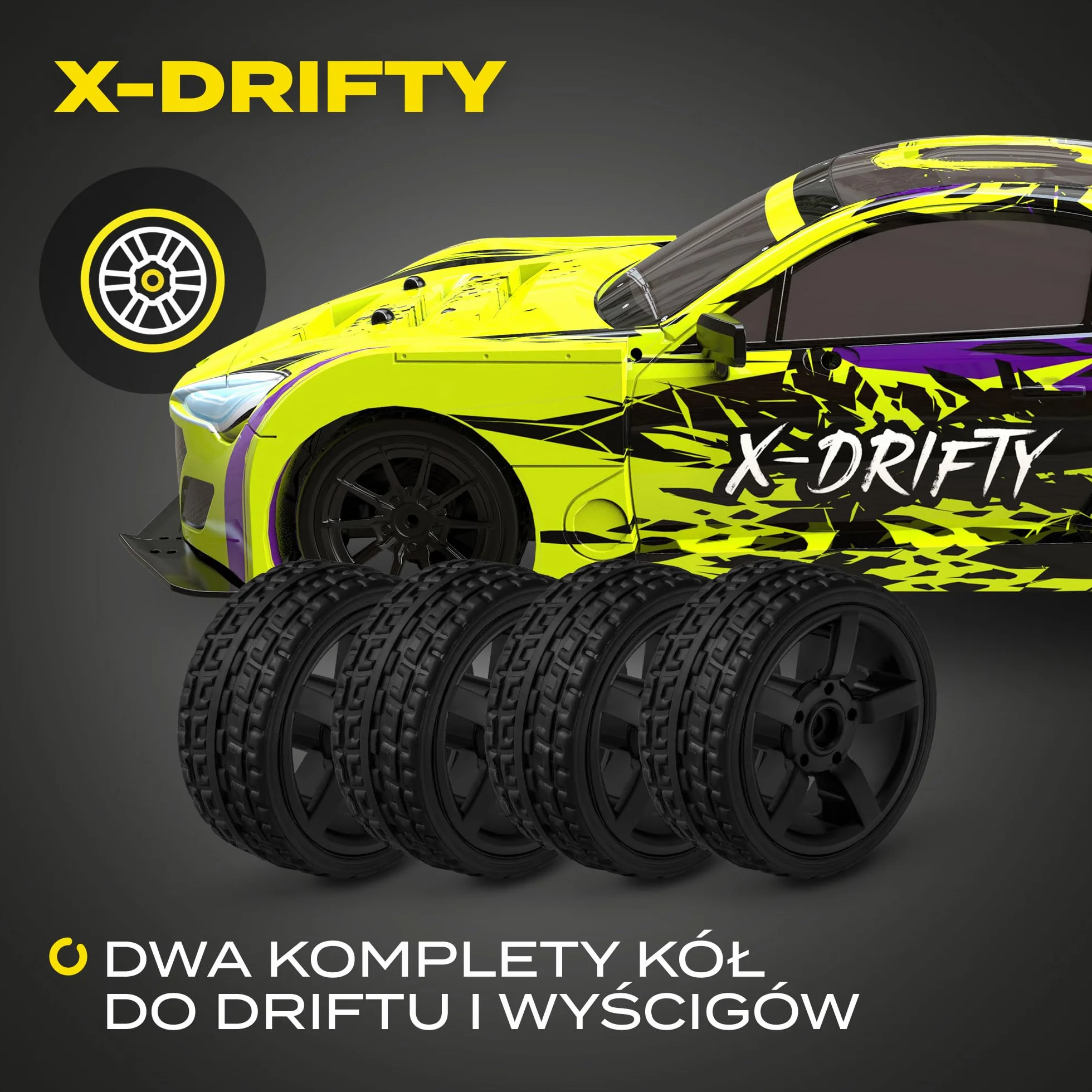 OVERMAX X-Drifty Zdalnie Sterowany Samochód RC dla Dzieci 3+, Auto do Driftu 1:16, 20 km/h, Zasięg do 80 m, napęd 4WD, 2 Baterie 500 mAh Zestaw Kół, Zestaw Przeszkód Naklejki
