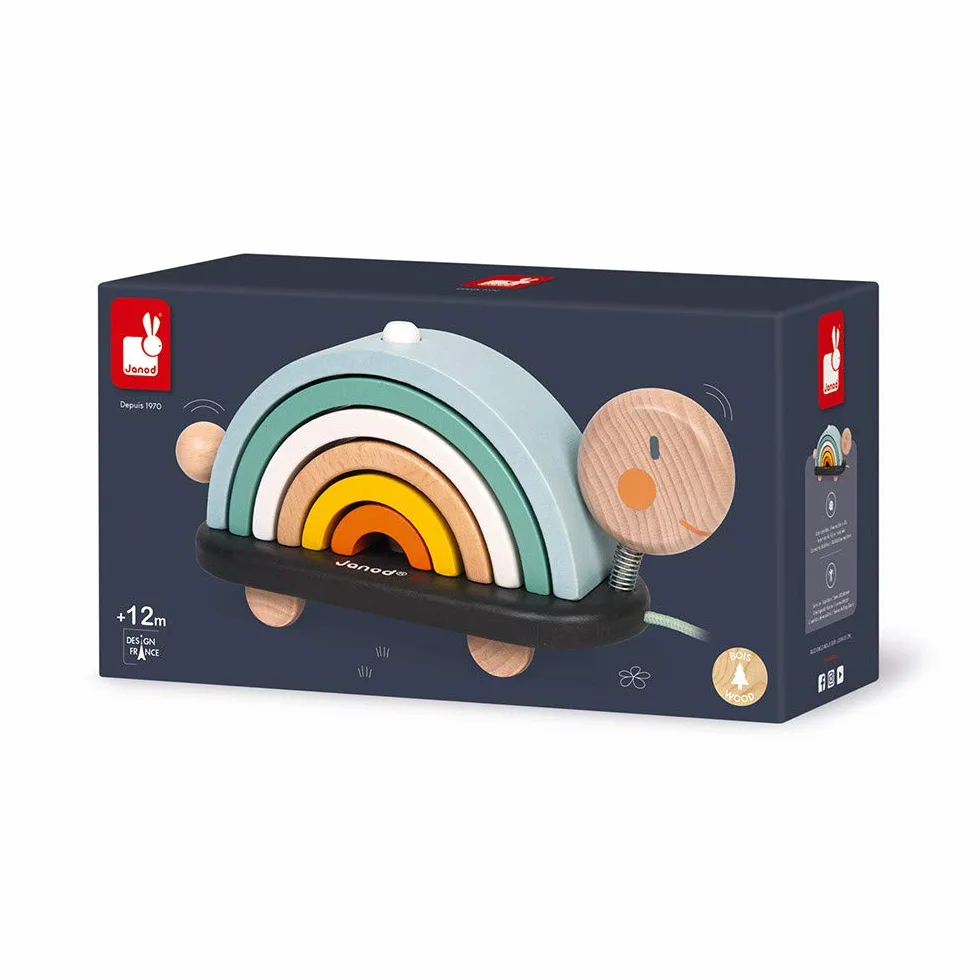 Janod - Wooden Sweet Cocoon Rainbow Turtle - Original Early Learning Game, 6 Stackable Arcs Of Circles - 1st Learnings - Turtle to Pull - Wooden Toy, Water Based Paint - from 18 Months Old, J04405