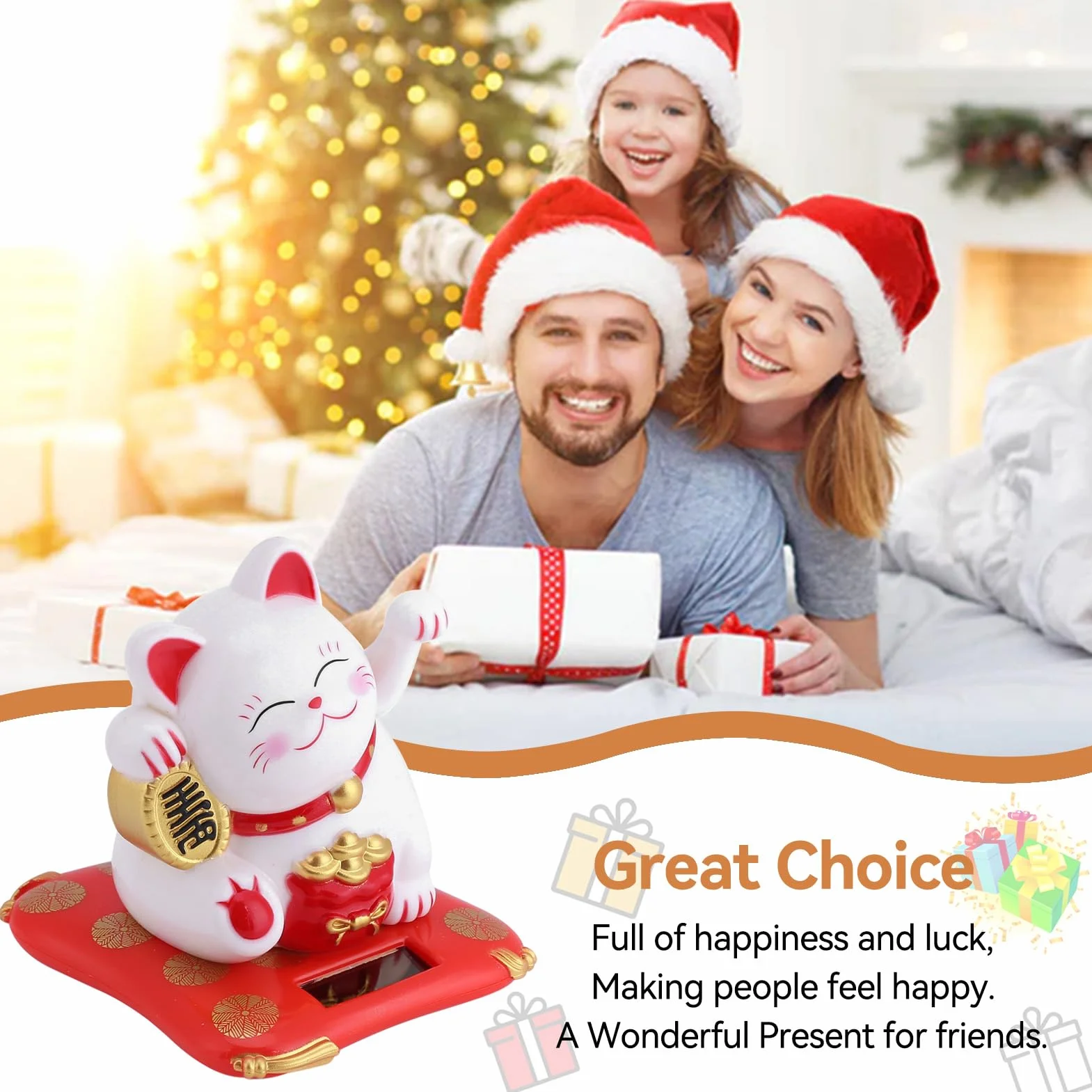 Kot na szczęście, Mini Maneki Neko Japoński posąg kota z machającym ramieniem Zasilany energią słoneczną do wystroju deski rozdzielczej samochodu w domu[White]
