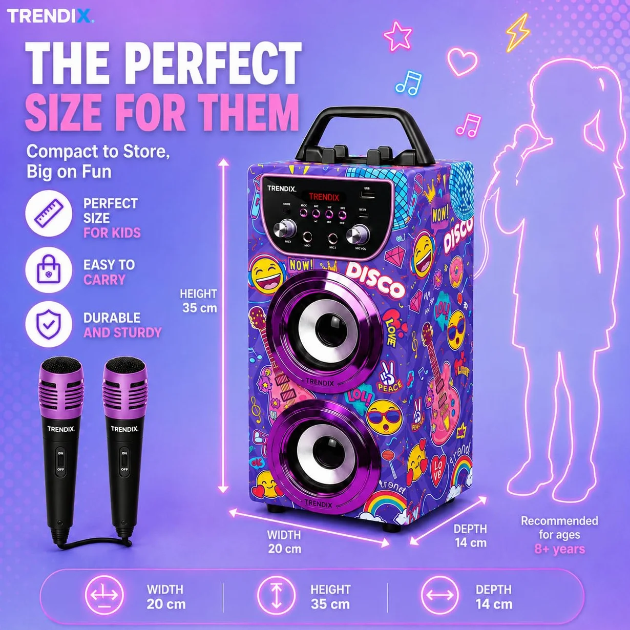 Trendix - Karaoke dla dzieci Top Singer | Głośnik z mikrofonem | Karaoke 2 mikrofony Radio FM, USB, Bluetooth i SD | Karaokes dla dziewczynek i chłopców | Prezenty komunijne dla dziewczynek