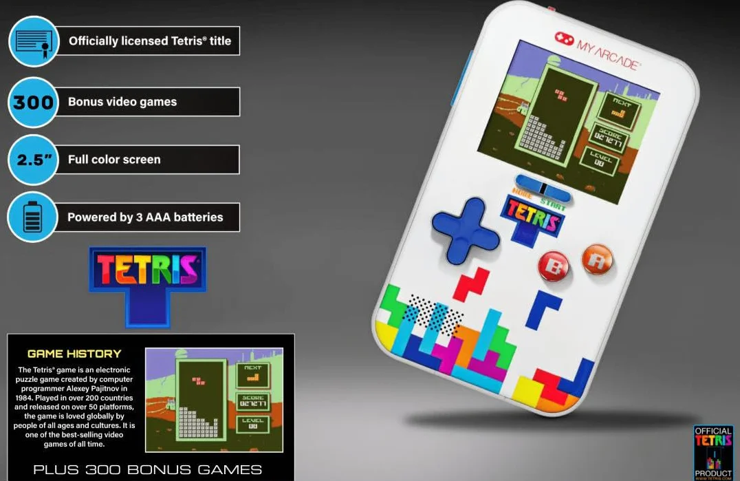 My Arcade Tetris Go Gamer: Retro gra wideo, ręczna konsola Tetris z 301 grami dla dzieci i dorosłych, ekran 2,5 cala