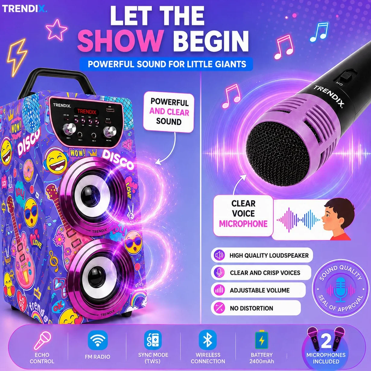 Trendix - Karaoke dla dzieci Top Singer | Głośnik z mikrofonem | Karaoke 2 mikrofony Radio FM, USB, Bluetooth i SD | Karaokes dla dziewczynek i chłopców | Prezenty komunijne dla dziewczynek