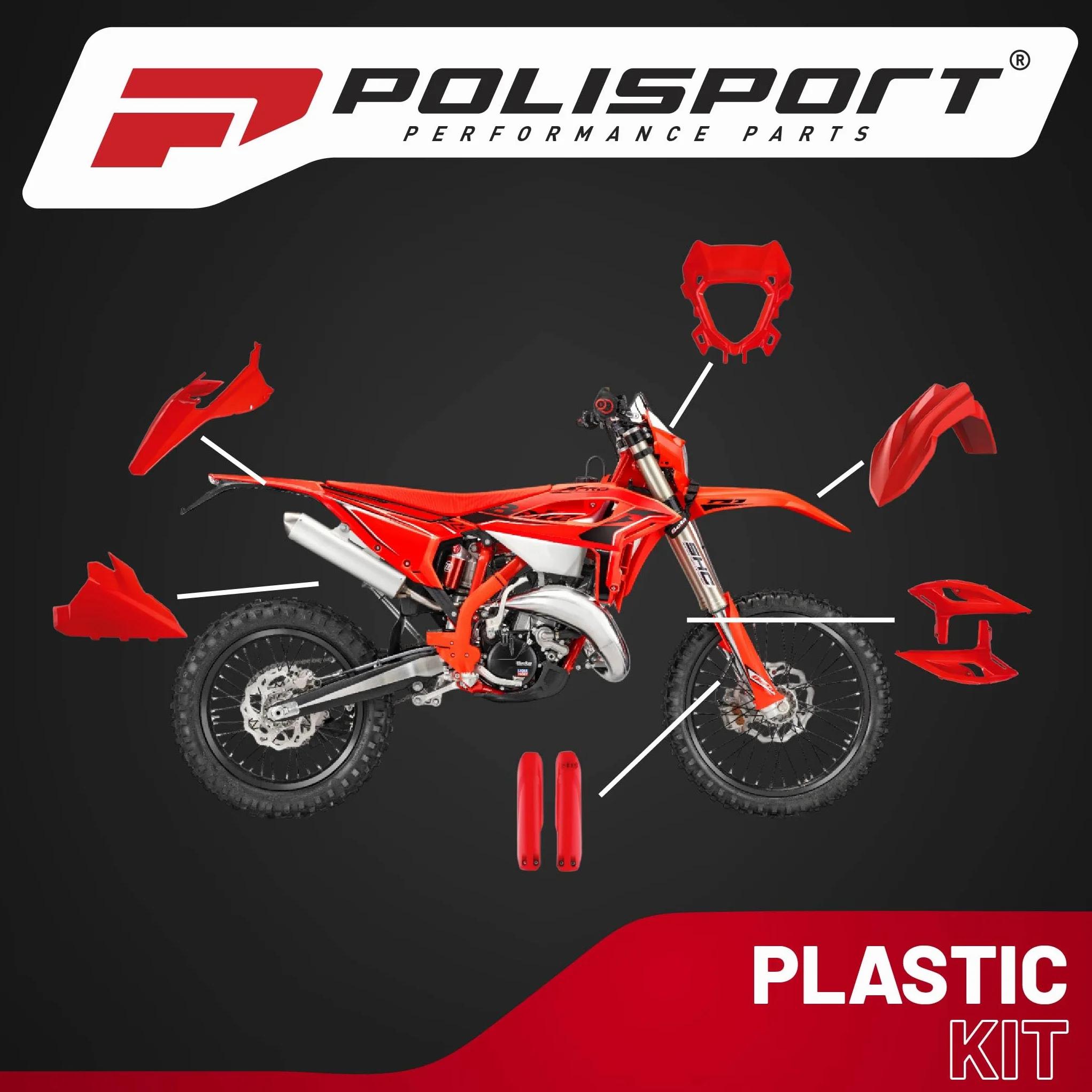 POLISPORT Kompletny zestaw z tworzywa sztucznego 91601 do wersji beta RR X-Pro 2025 o idealnym dopasowaniu, jakość OEM i najwyższa wytrzymałość do intensywnego użytkowania w terenie