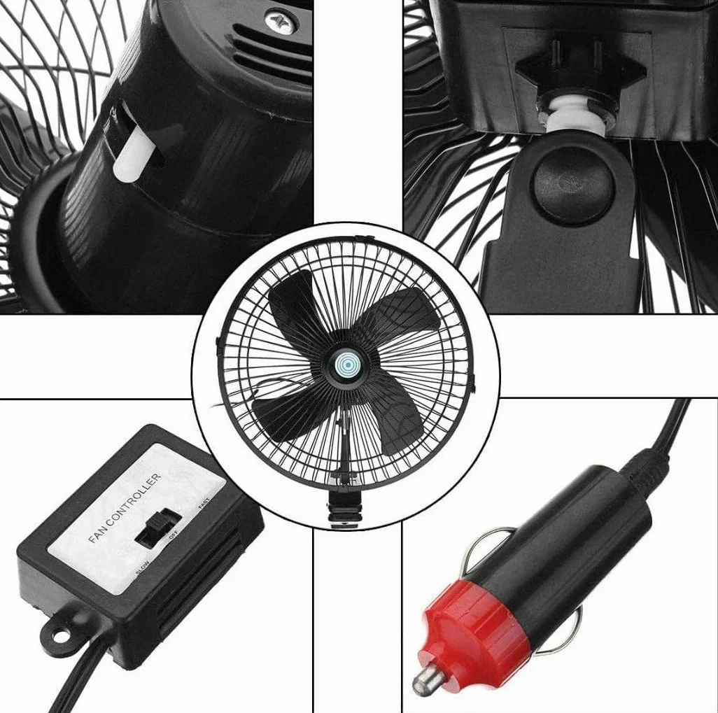 MACHSWON 25.4 cm 24 V samochód ciężarowy domowy elektryczny wentylator powietrza 2 prędkości przepływu powietrza wentylator biurkowy z klipsem – akumulator zapalniczki, obracany o 180°, 2 prędkości i