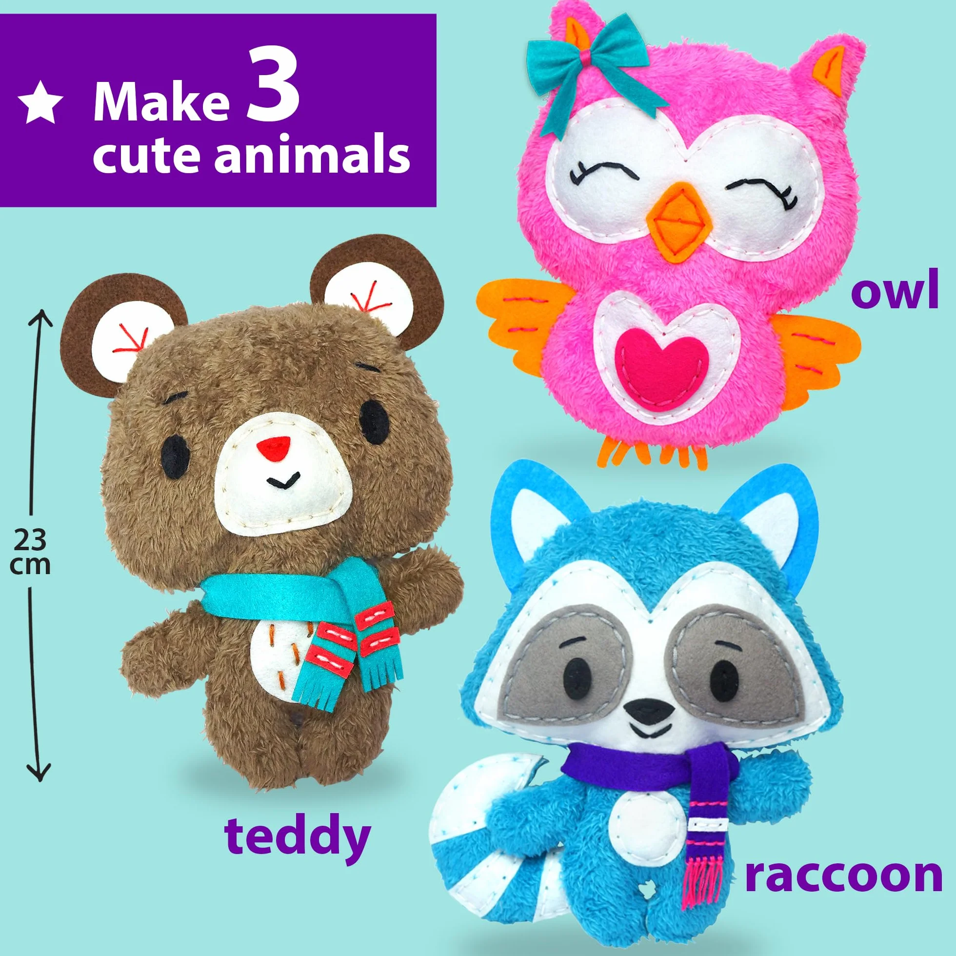 Zestaw do szycia KraFun Kids dla początkujących i rzemieślników, zawiera 3 pluszowe lalki, instrukcje i filc, hafty - Teddy & Friends
