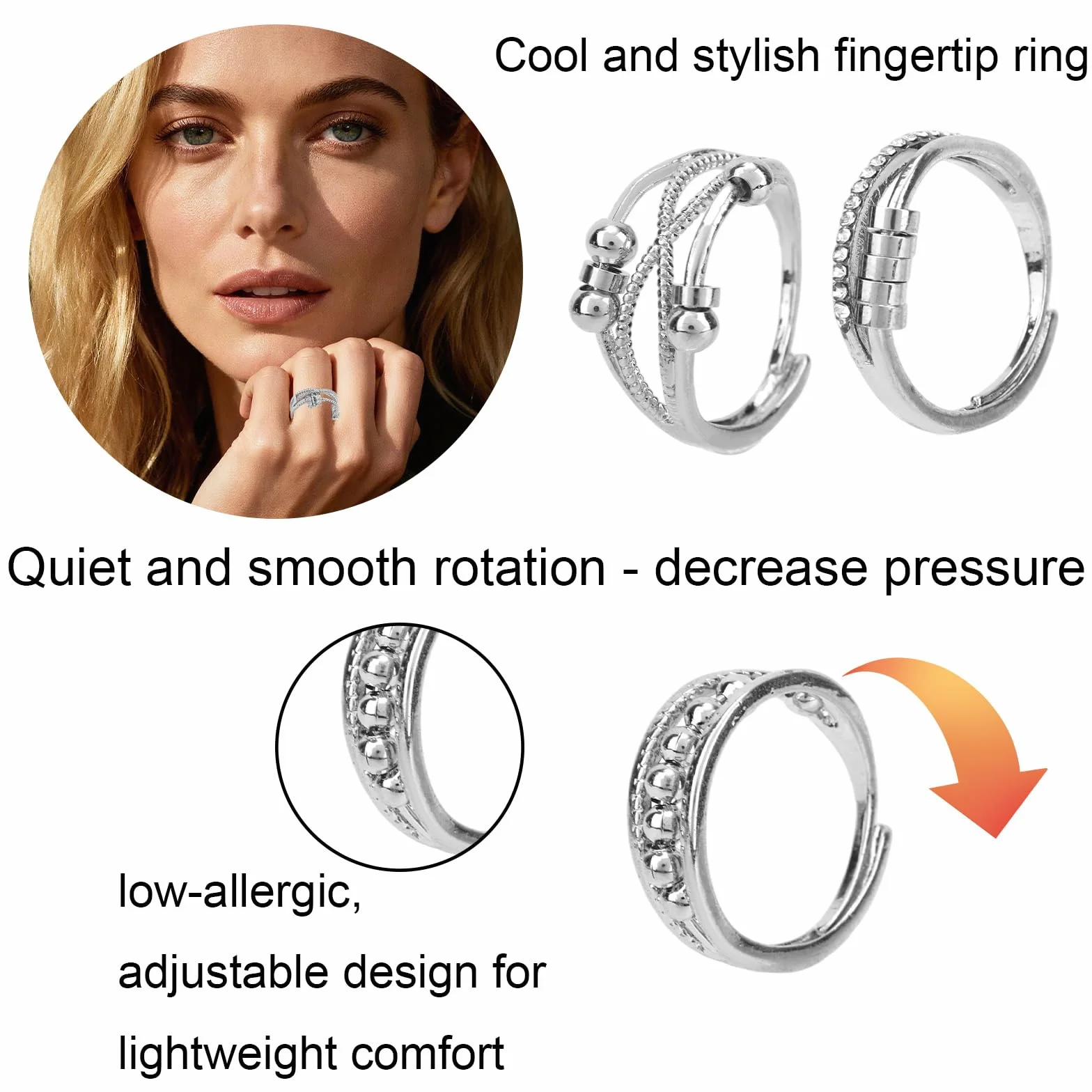 4szt Pierścieni Fidget Rings dla Kobiet, Regulowane Obrotowe Pierścienie Spinner Uspokajająca Biżuteria Sensoryczna Prezent i Dekoracja do Domu Biura Podróży (Srebrne)