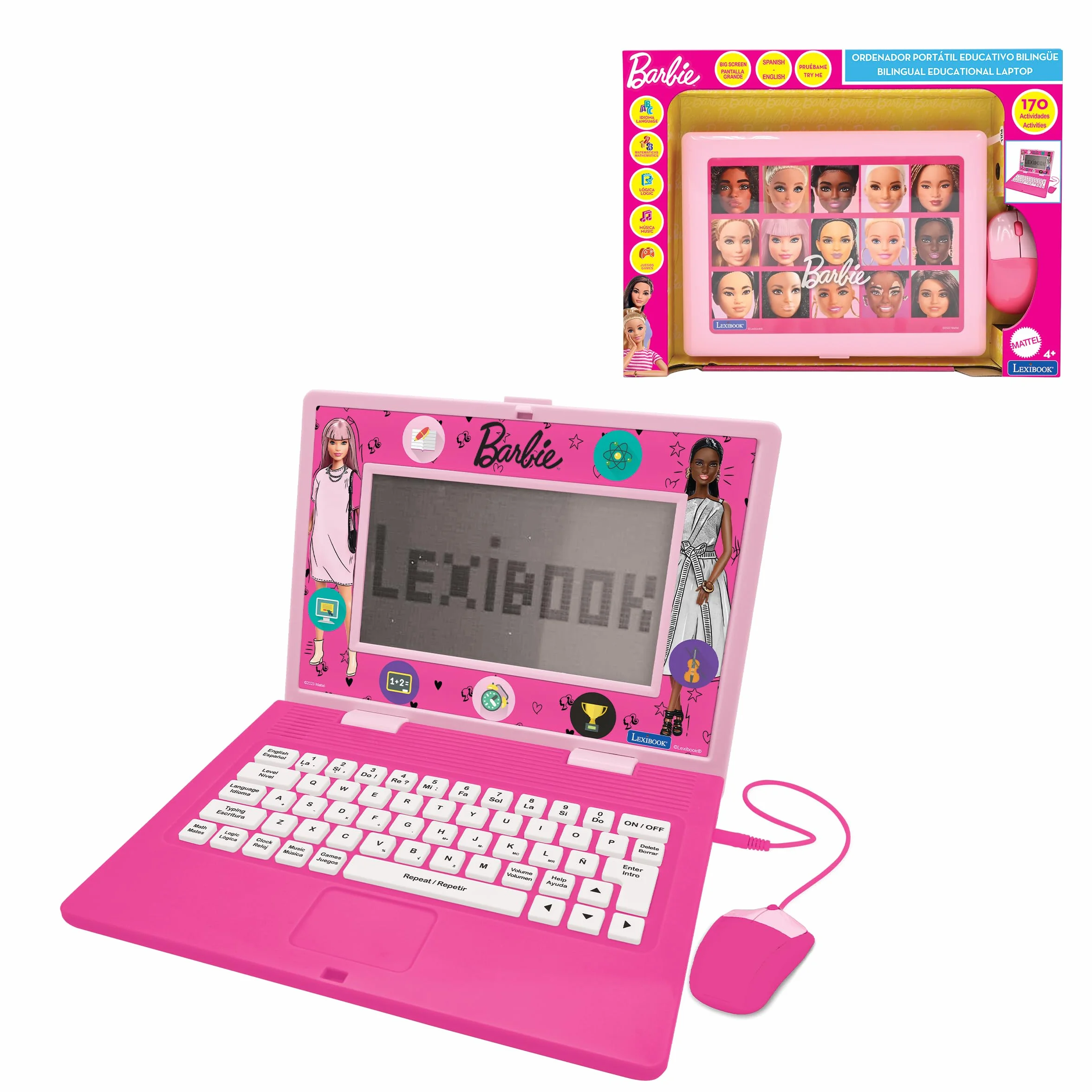 Lexibook, Barbie, dwujęzyczny i edukacyjny laptop hiszpański/angielski, zabawka dla dzieci, 170 zajęć do nauki, gry i muzyki, duży ekran, różowy, JC599BBi2