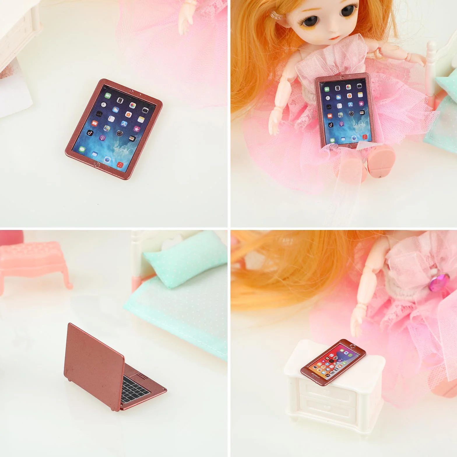 TIESOME 6-częściowy zestaw do domku dla lalek, miniaturowy zestaw laptopa, laptopa, komputera, domku dla lalek, dekoracja, mały domek dla lalek, model mebli, tablet symulacyjny (różowy)