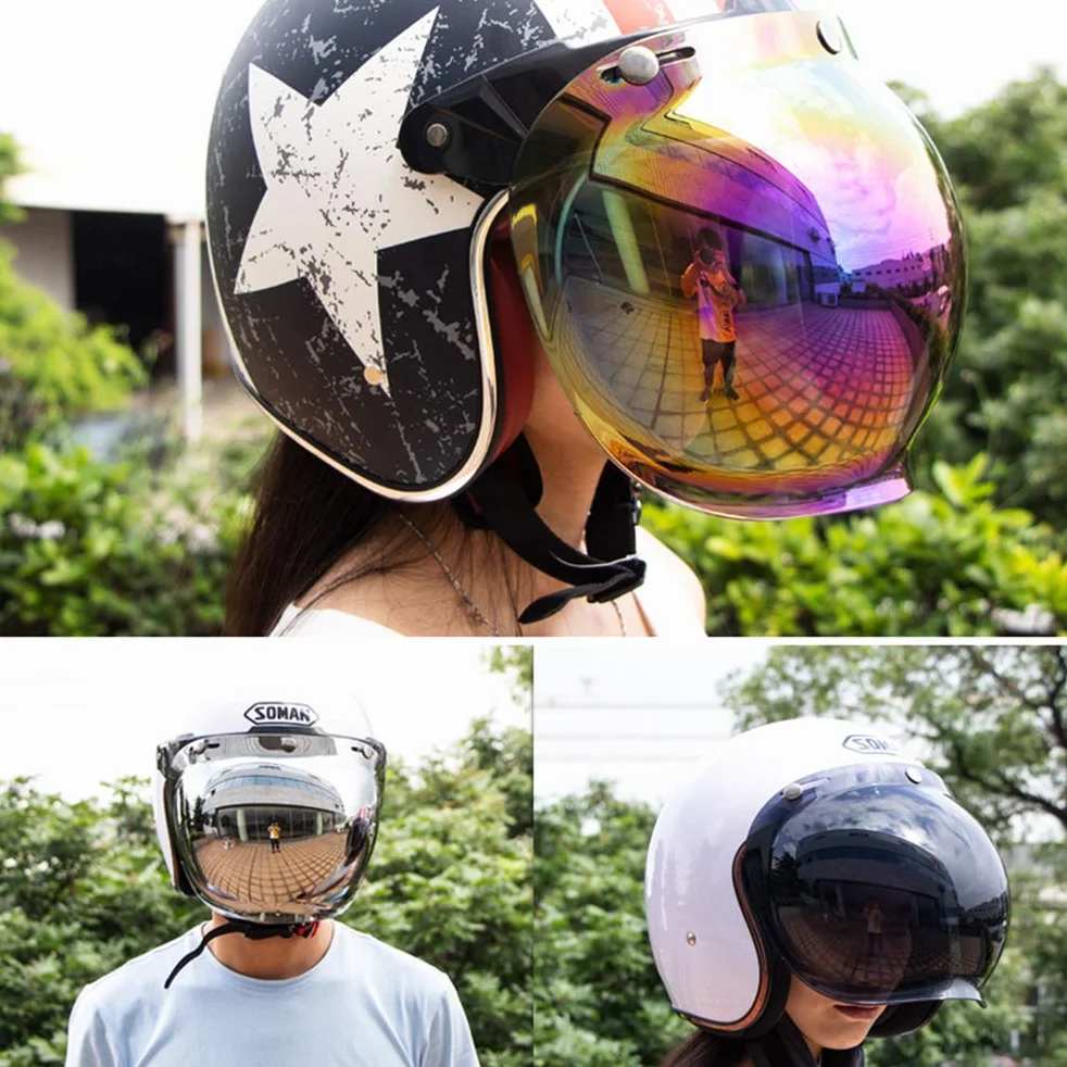 Wizjer Motocyklowy Wiatroszczelna Soczewka PC 3 Uchwyty Zatrzaskowe Bubble Retro do Kasku Otwartego Srebrny