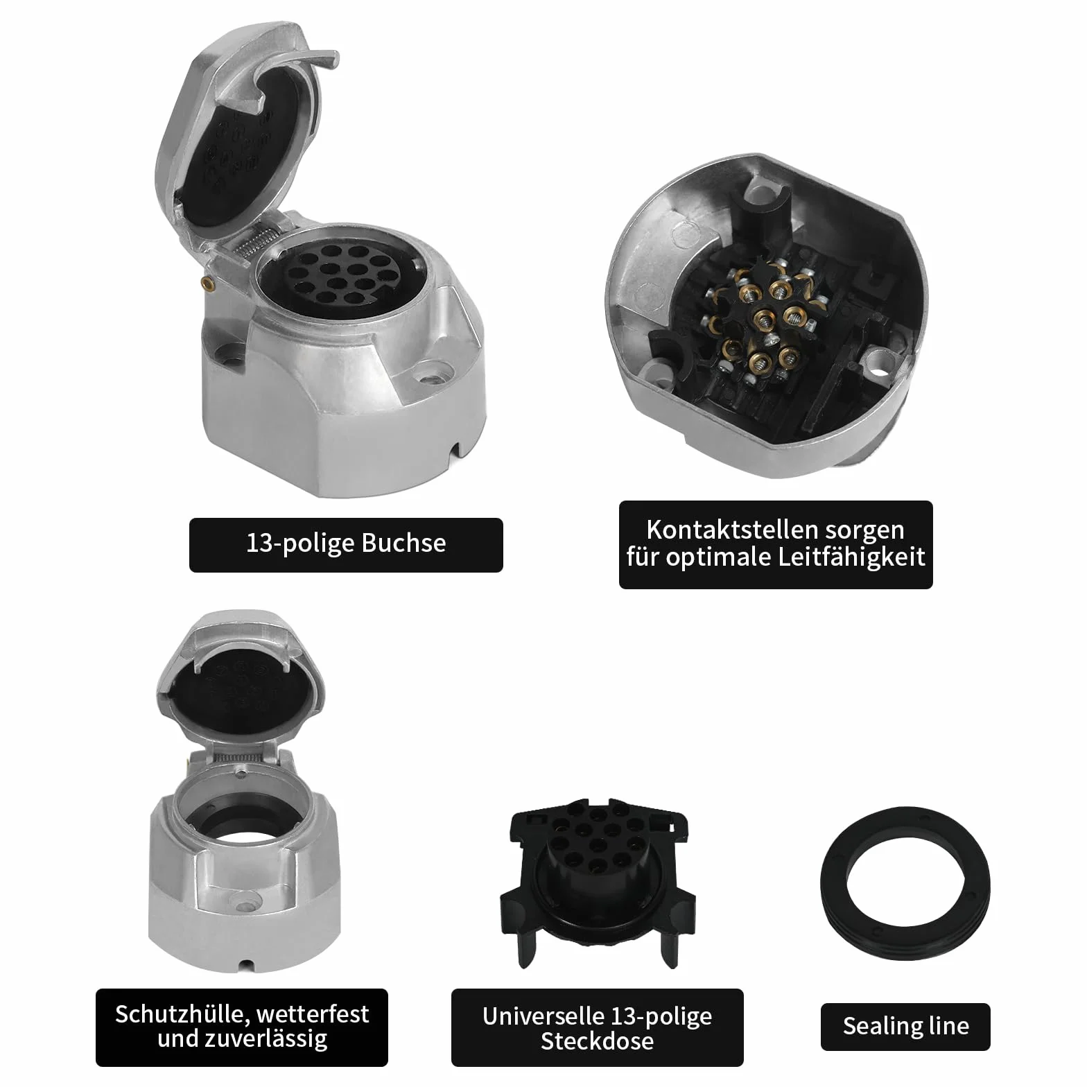 13-biegunowy adapter gniazda do przyczepy, 13 pinów ze stopu aluminium, nadaje się do haków holowniczych, łodzi, przyczep kempingowych, 13-biegunowa wtyczka do przyczepy, srebro, 3007