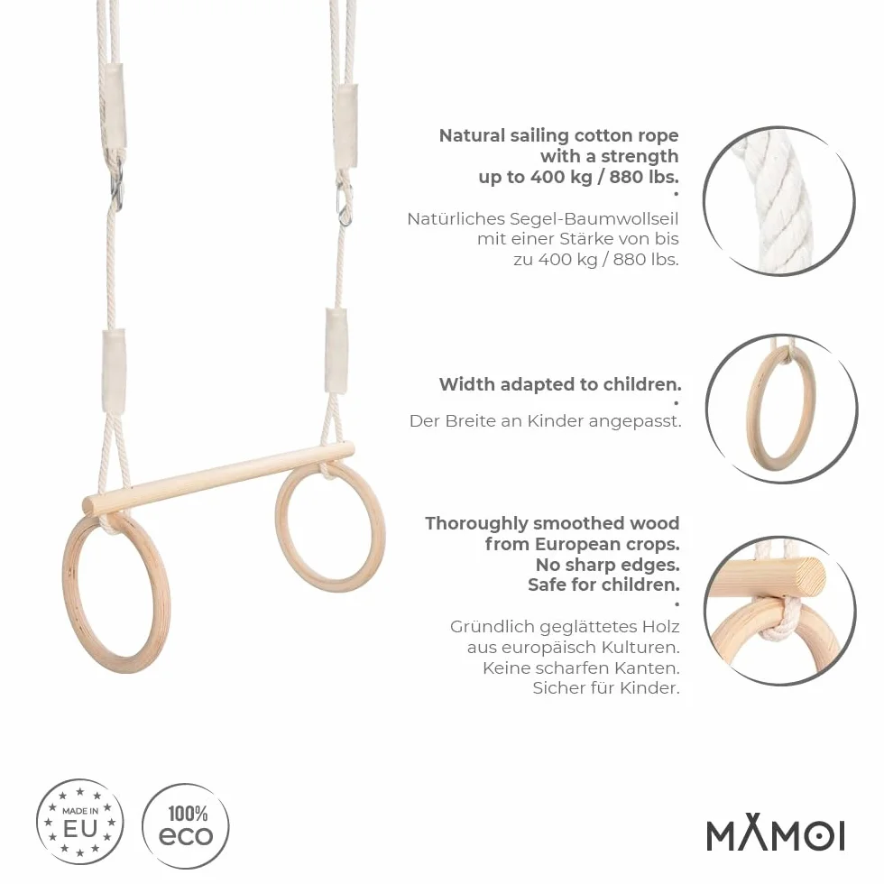 MAMOI® Kółka gimnastyczne dla dzieci 2 w 1 | Wielofunkcyjne drewniane kółka gimnastyczne dla dzieci | Drewniane pierścienie gimnastyczne | 100% ECO | Wyprodukowano w UE