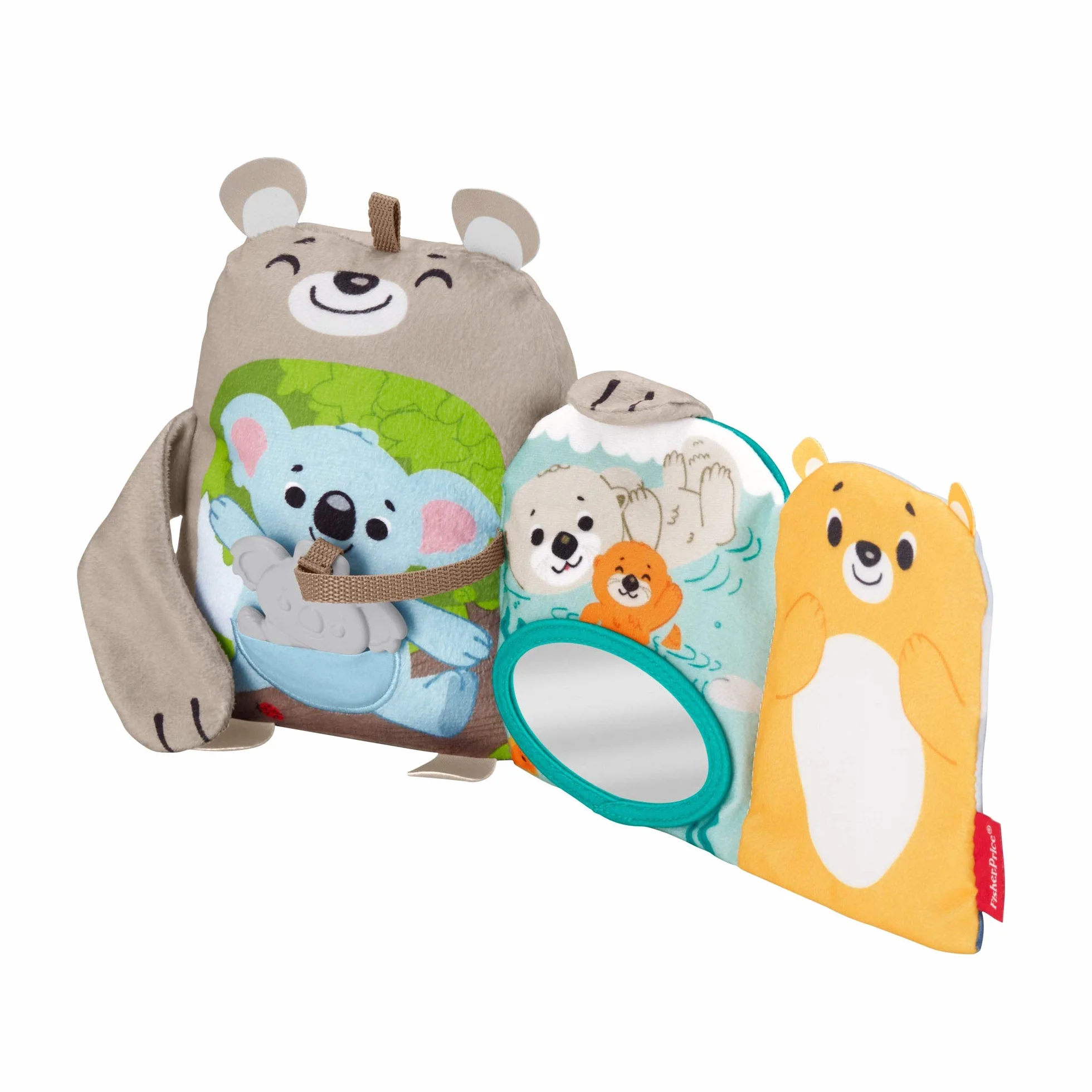 Fisher-Price Miękkie zwierzątka – Książeczka aktywizująca, milutki miś + miękka książeczka sensoryczna (lusterko i gryzaczek), dla dzieci powyżej 3 miesiąca życia, GJD37