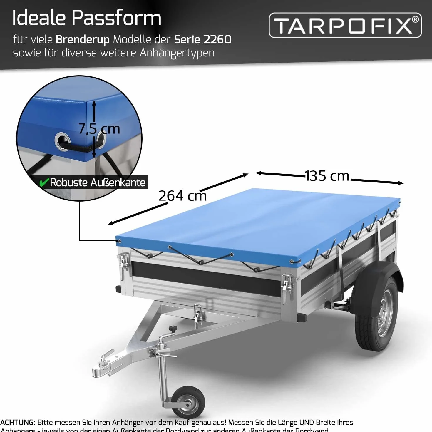 Tarpofix Plandeka na przyczepę, 264 x 135 cm, w zestawie linka do plandeki, płaska plandeka na przyczepę z tworzywa PCW, wzmocniona plandeka Brenderup, do przyczep samochodowych, niebieska