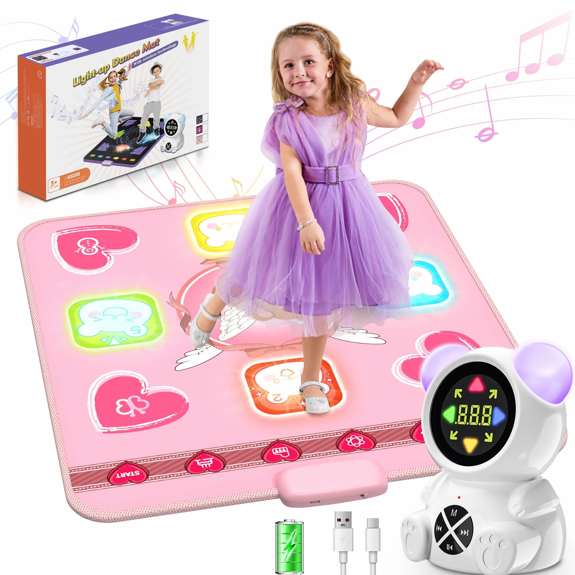 Akumulatorowa mata do tańca dla dziewczynek, podświetlana mata do tańca z bezprzewodowym Bluetooth, 5 trybami gry, regulowaną głośnością i światłami LED, prezent dla dzieci w wieku 3-12 lat (Różowa)