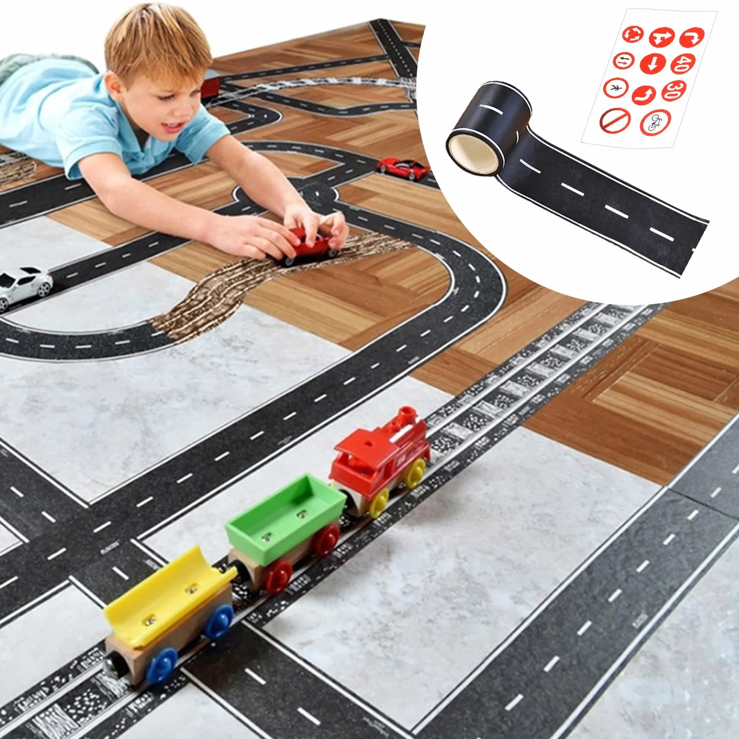 2 rolki zwykłej taśmy autostradowej z 2 naklejkami na tabliczki drogowe, taśma drogowa, naklejki na tabliczki, papier do modeli ulicznych, samochód zabawkowy, pas drogowy.