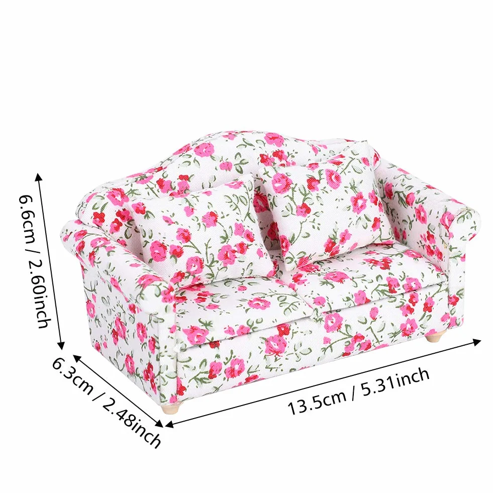 Mini Sofa Domek dla lalek, Akcesoria do dekoracji domku dla lalek Wzór kwiatowy Mini Meble Podwójna sofa dla lalki w skali 1/12 małe skupiska kwiatów