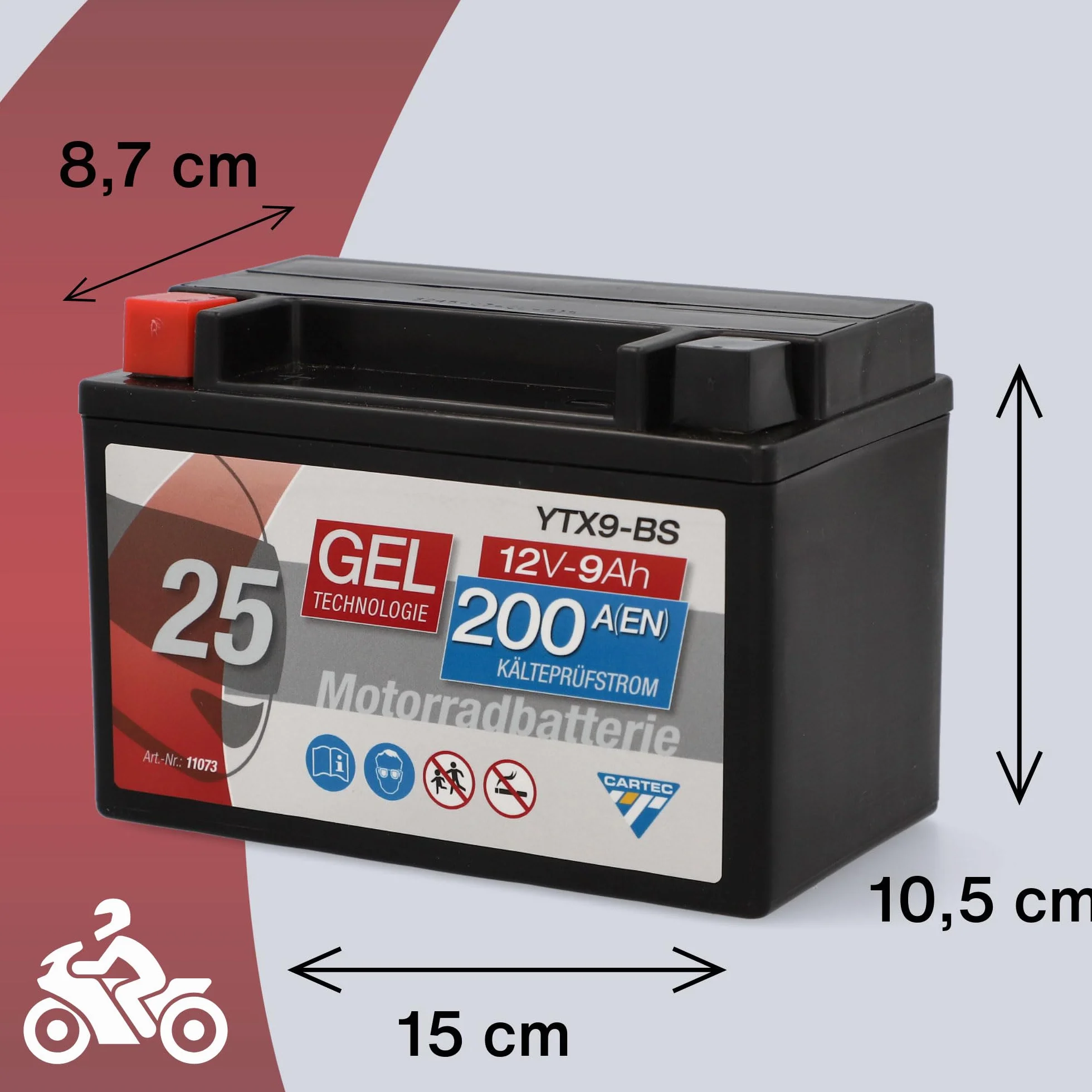CARTEC Akumulator motocyklowy YTX9-BS, 8 Ah, 135 A, technologia żelowa, jakość OEM, odporny na cykl, możliwość przechowywania, nie wymaga konserwacji