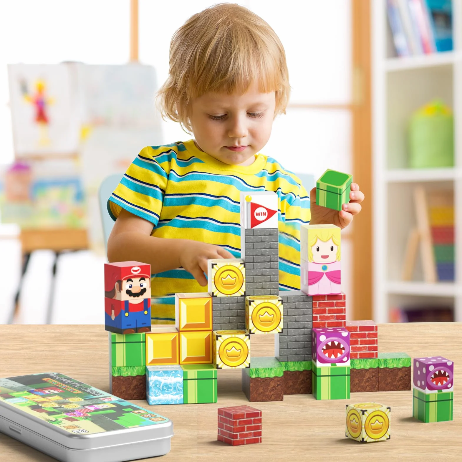 Klocki magnetyczne, podróżne klocki do budowania zabawek dla małych dzieci, przenośne blaszane pudełko jako podstawa do budowania, klocki magnetyczne, edukacyjne zabawki STEM, prezent dla dzieci w