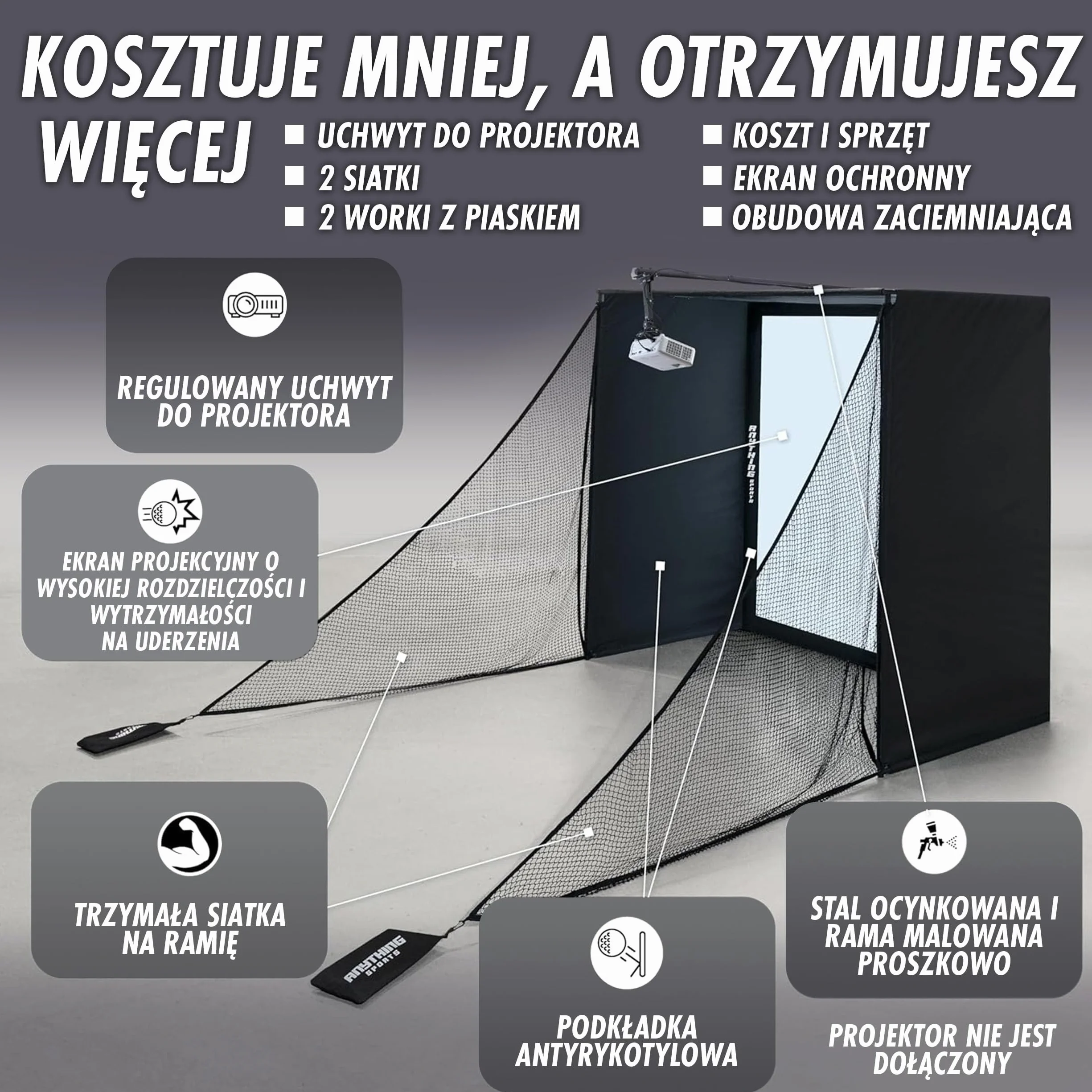 Anything Sports - Symulator Golfa Indoor Z Ekranem Uderzeniowym 4k I Siatką Ochronną - Profesjonalna Metalowa Klatka Golfowa Do Domu I Garażu - Kompletny Zestaw Treningowy - Różne Rozmiary