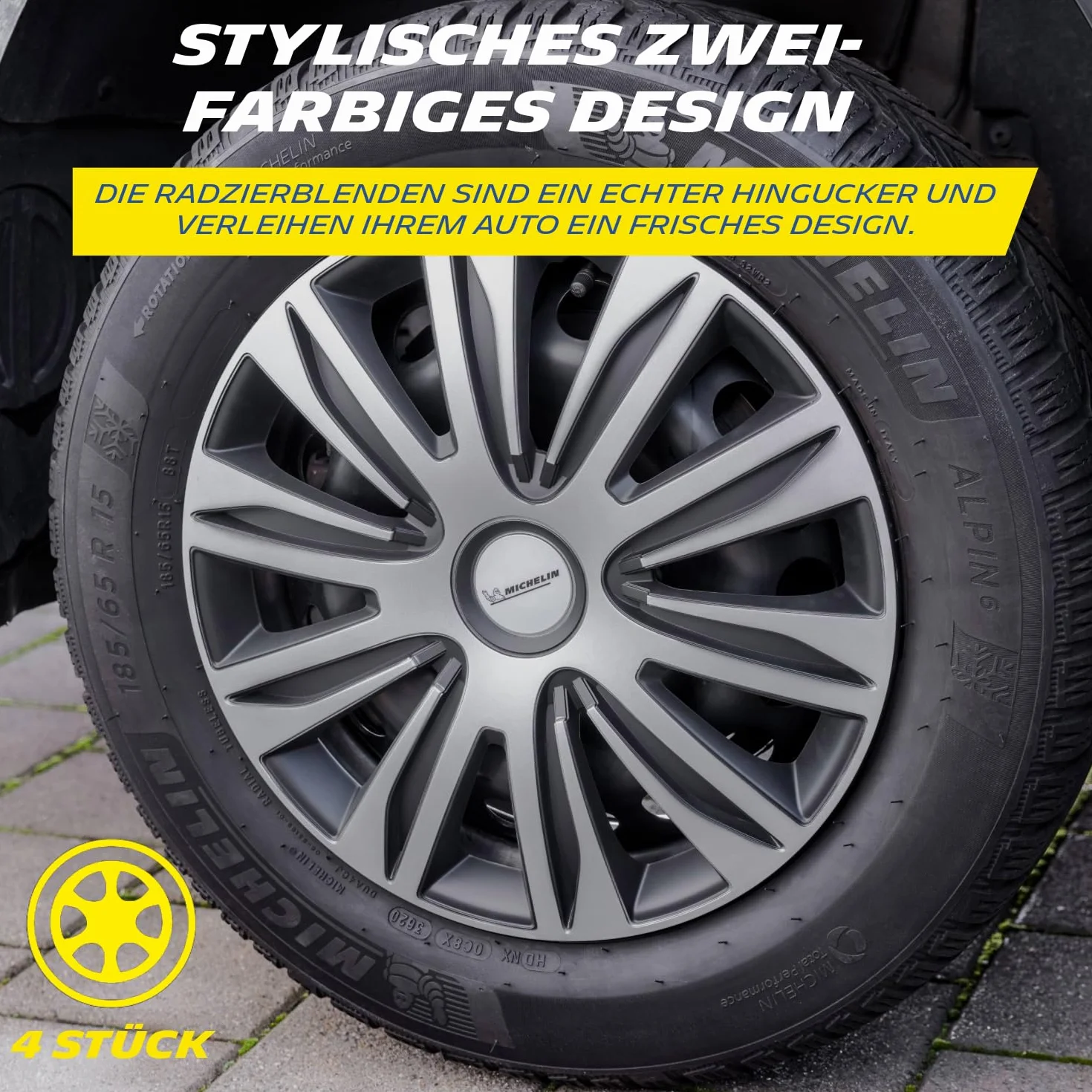MICHELIN Kołpak MX-ABS 15 cali uniwersalna osłona ozdobna zestaw 4 sztuk czarny srebrny