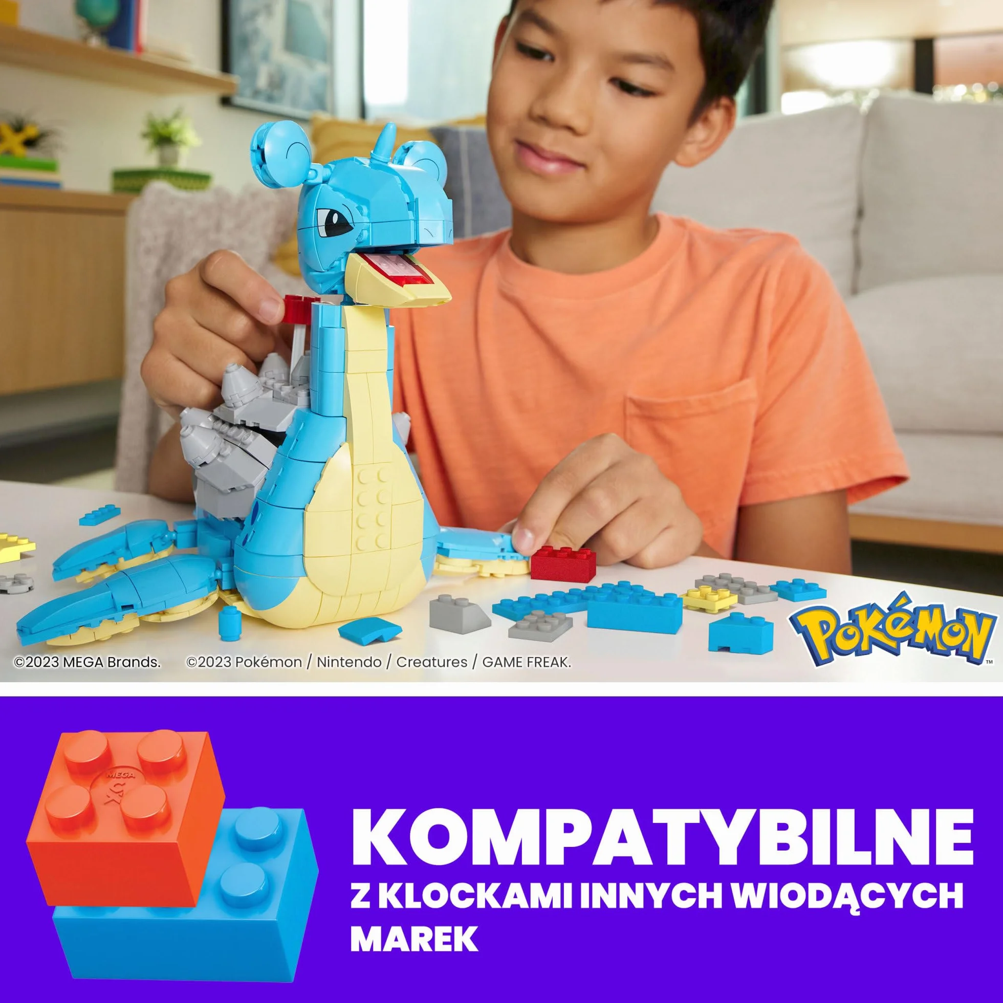 MEGA Pokemon Lapras Zestaw klocków (527 elementów) z funkcją ruchu, do zbudowania i ustawiania w różnych pozach, 17,5 cm wysokości, HKT26