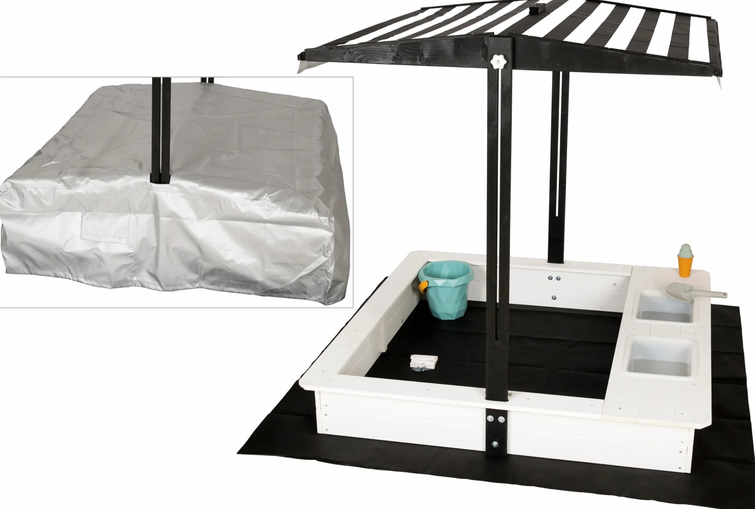 Design piaskownicy z błotną kuchnią, dach, koc Oxford 420D, filcem, kwadratowa drewniana piaskownica do ogrodu dziecięcego, czarno-biała