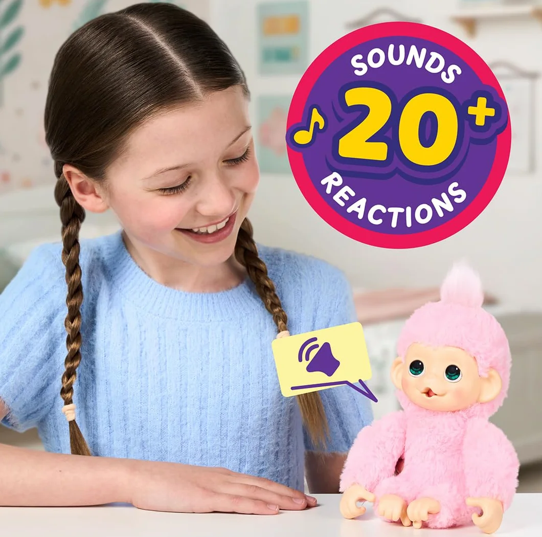 Little Live Pets Baby Monkey Minis – Luna Lemon. Interaktywna zabawka dla zwierząt domowych. Ponad 20 dźwięków i reakcji. Miękkie różowe futro. 18,8 cm wysokości. Karmić, pielęgnować. Reaguj