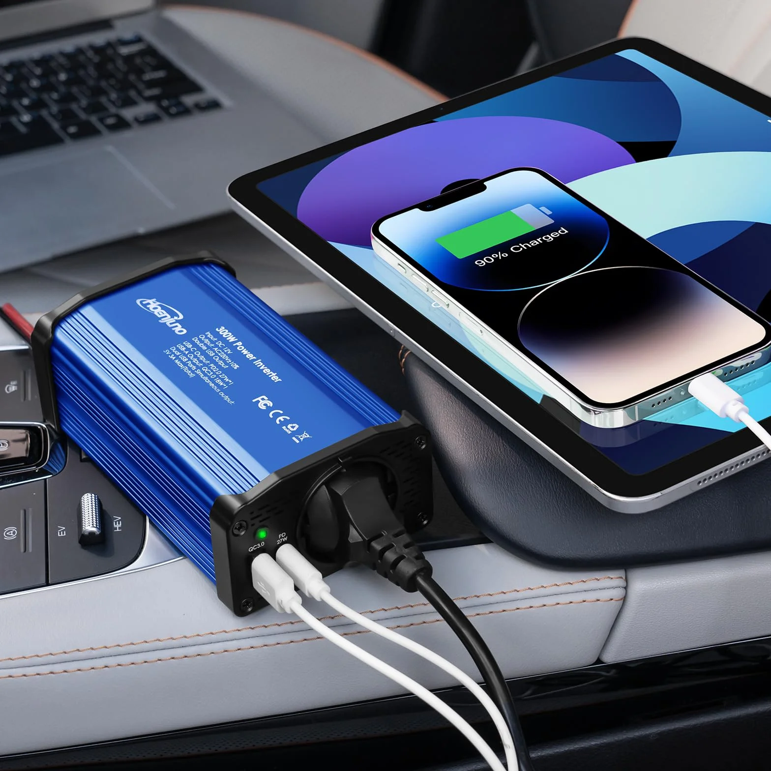 Przetwornica napięcia 300 W, 12 V na 220-230 V, z gniazdem UE i złączem USB typu C i QC 3.0, możliwość ładowania laptopa, iPada, iPhone'a, tabletu, konsoli i wielu innych