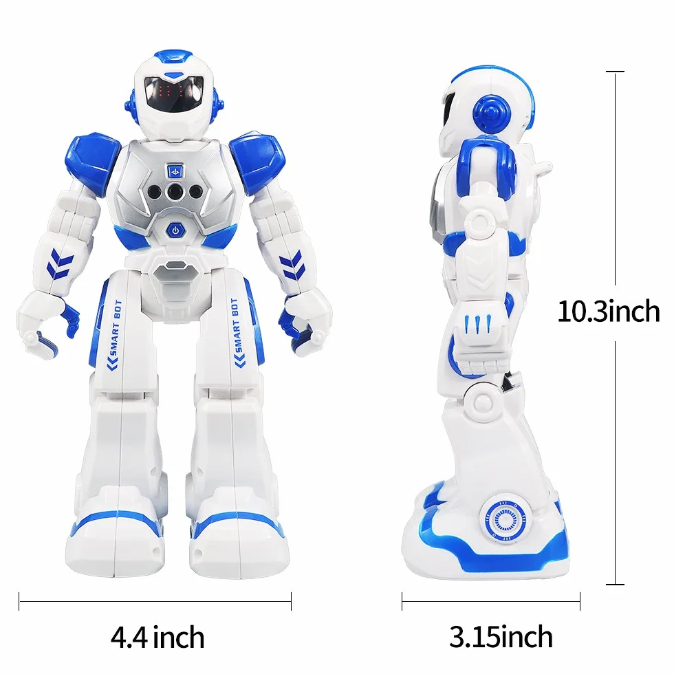 HUSAN Robot zdalnego sterowania dla dzieci, inteligentny tańczący robot z kontrolerem na podczerwień, zabawki, programowalny, śpiewanie, spacery po księżycu i oczy LED, zestaw robotów do wykrywania gestów dla dzieci (niebieski)
