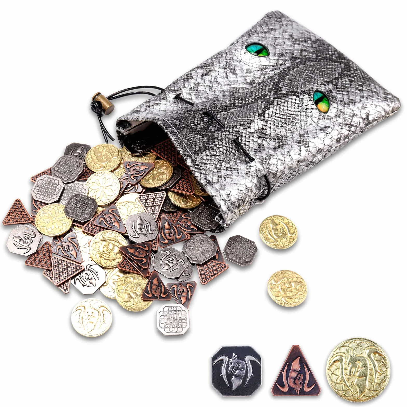 120 Sztuk Złoto, Srebro i Miedź ze Smokiem Świecące Oczy Skórzana Torba, Monety do DND, Fantasy Żetony do Gier