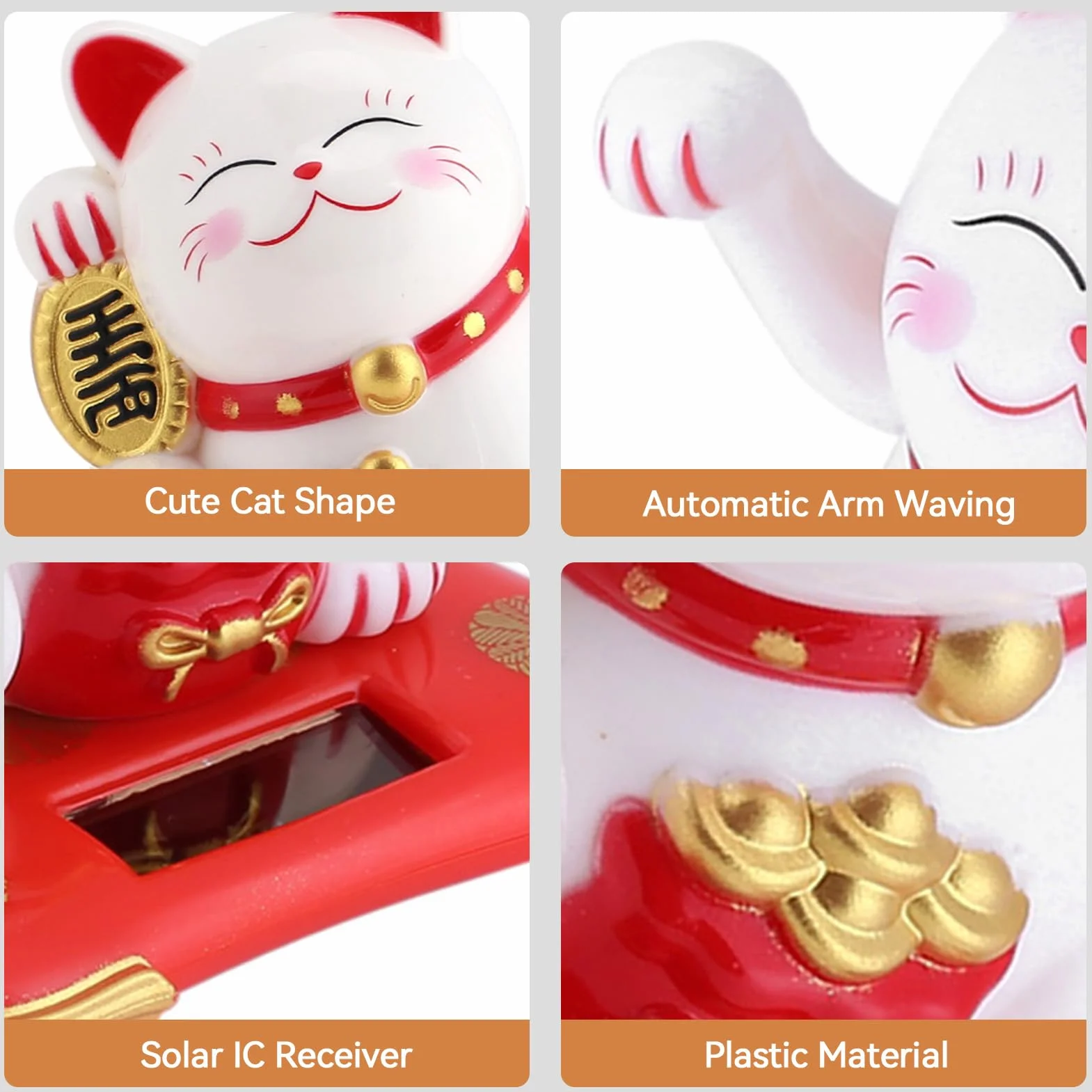 Kot na szczęście, Mini Maneki Neko Japoński posąg kota z machającym ramieniem Zasilany energią słoneczną do wystroju deski rozdzielczej samochodu w domu[White]