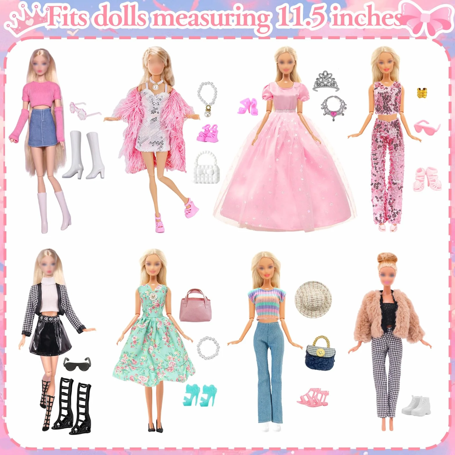 28 sztuk ubrań i akcesoriów dla lalki 11,5 cala, 8 zestawów ubrań, casual, moda, zestaw brokatów, 8 butów, 12 akcesoriów, torebka, kapelusz, dekoracje, prezenty świąteczne dla dziewczynek - Carreuty