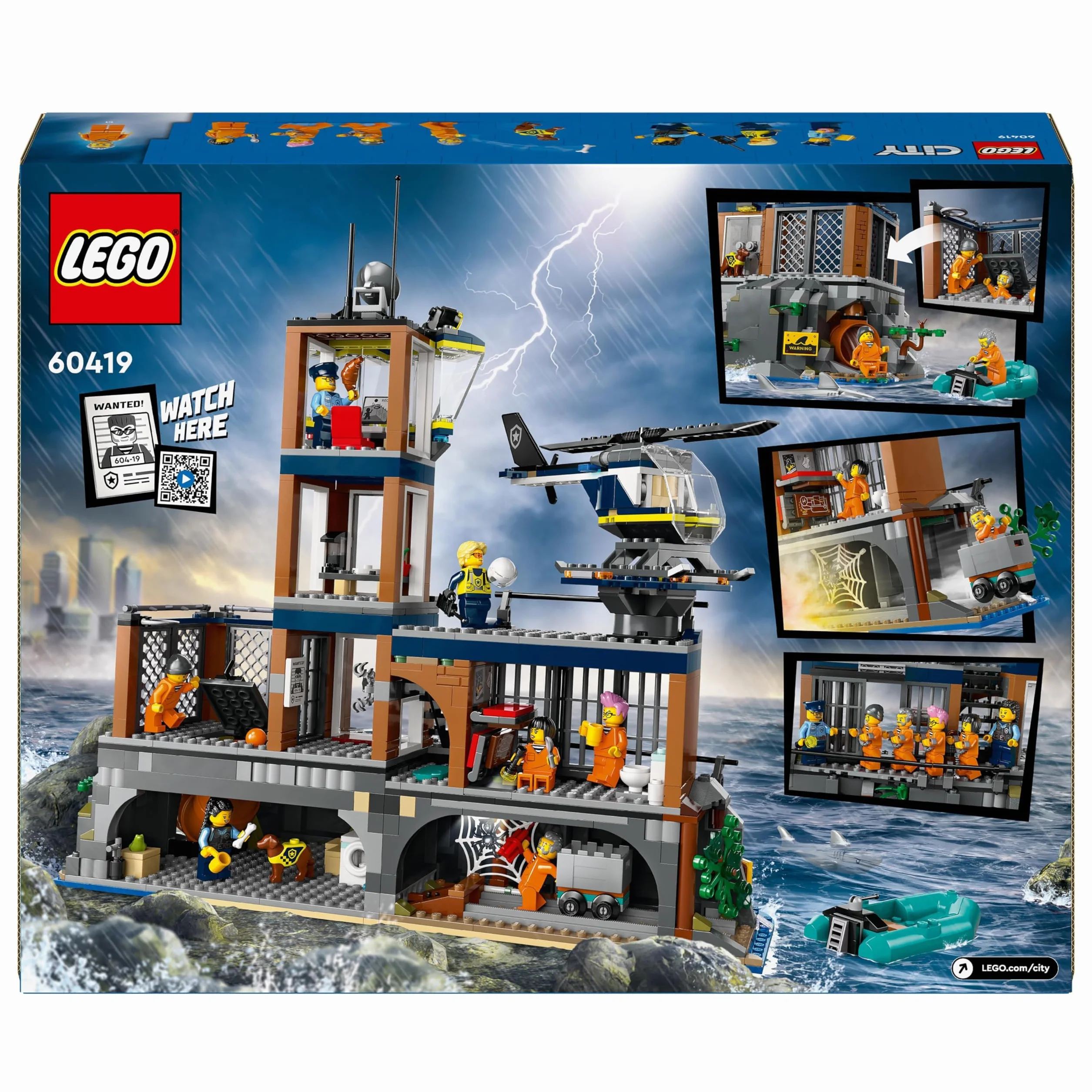 LEGO City Policja z Więziennej Wyspy 60419 dla chłopców i dziewczynek w wieku od siedmiu lat, którzy uwielbiają twórczą zabawę; helikopter, łódka i ponton, siedem minifigurek oraz figurki psa i rekina