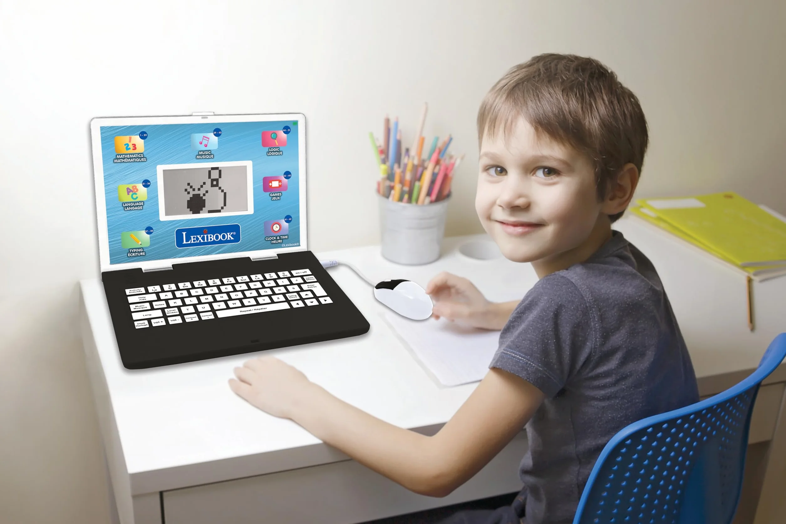 Lexibook, dwujęzyczny laptop edukacyjny, 124 zajęcia językowe, pisanie, matematyka, logika, muzyka i gry, chłopcy i dziewczęta, JC498i1, średni