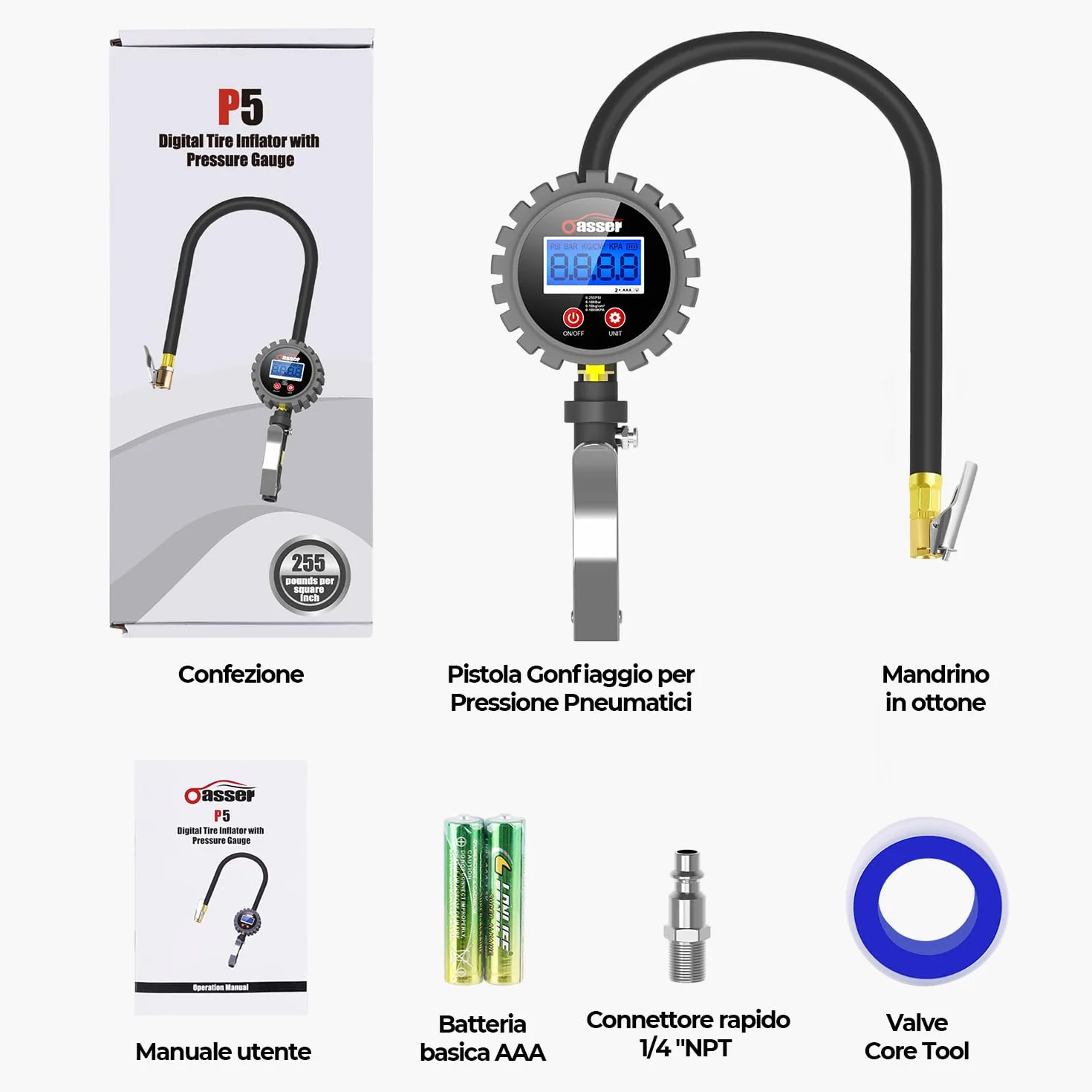 Oasser Cyfrowy miernik ciśnienia w oponach 255 psi z oświetleniem LED i ekranem LCD