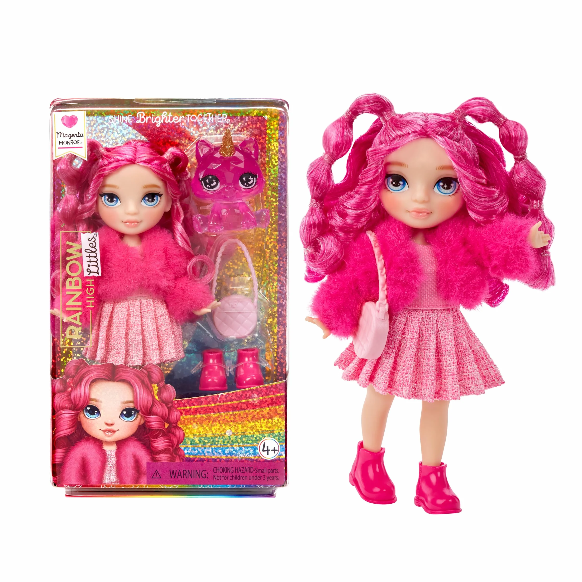 Rainbow High Littles - Magenta Monroe - Mała, Przegubowa Modna Lalka - 14 cm Różowa Lalka z Torebką i Magicznym Kotkiem - Odpowiednia dla Dzieci i Kolekcjonerów