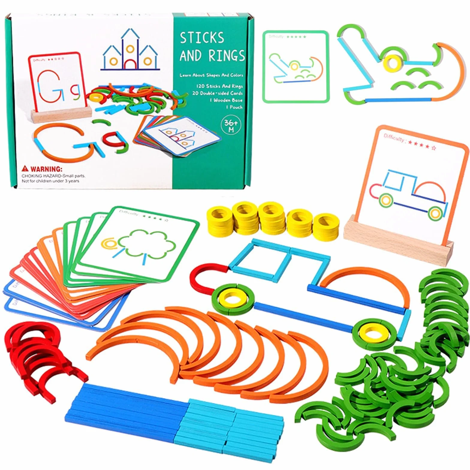 Montessori zabawka dla dzieci 3-5 lat, 120 sztuk, puzzle, kije i pierścienie z kartami, gry edukacyjne, prezent dla dzieci
