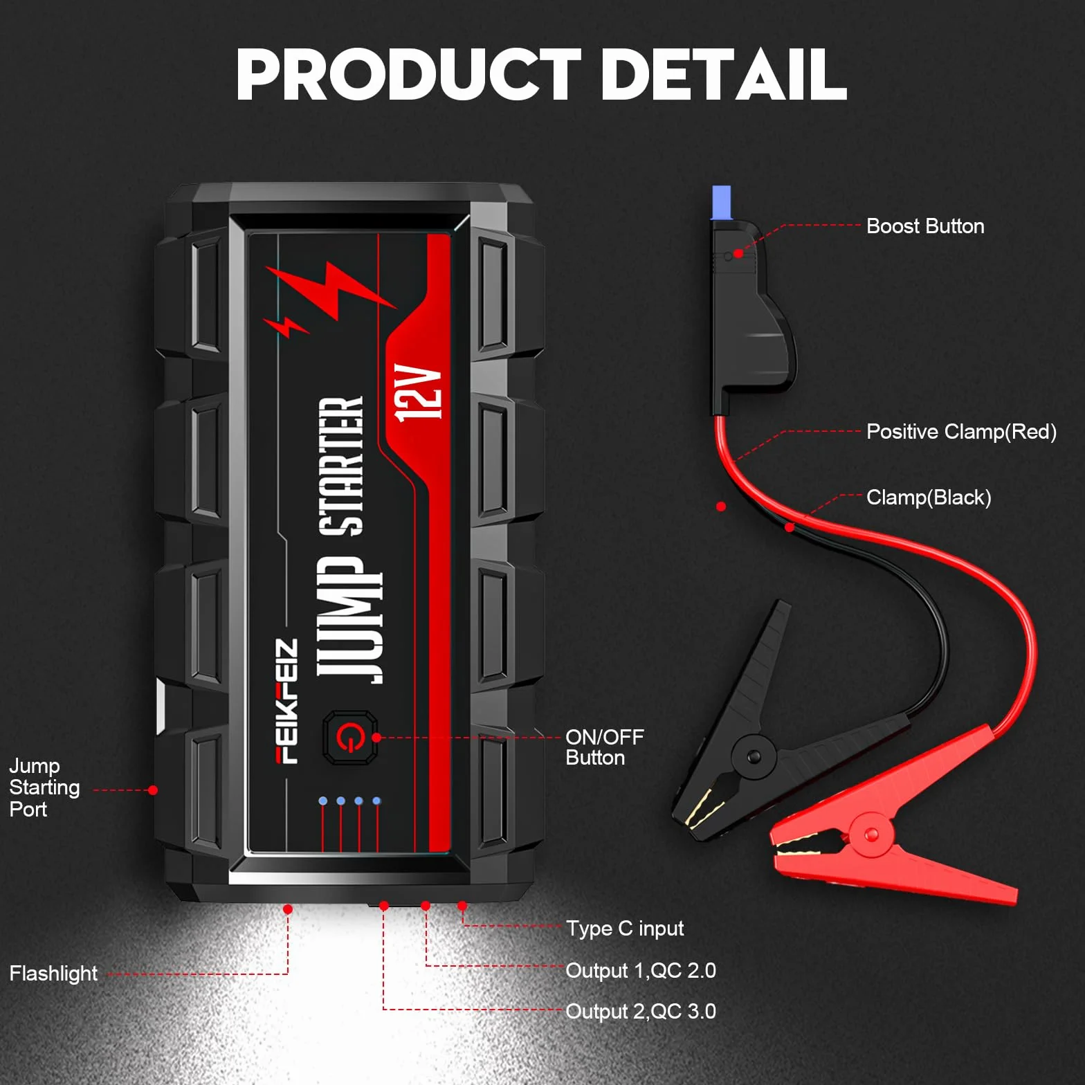 FEIKFEIZ Powerbank rozruchowy 3000A 16800mAh 12V z latarką LED i wyjściem USB 3.0