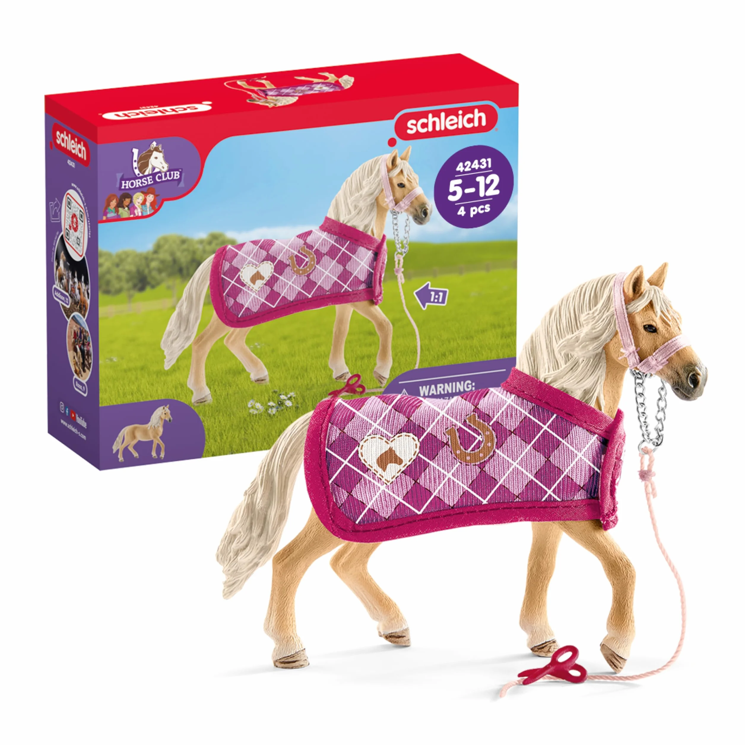 schleich HORSE CLUB | Modne akcesoria dla koni Sofii 42431 | zestaw z koniem, derką, uwiązem i nożyczkami | kreatywny prezent dla dziewczynek i chłopców | zabawka od 5 lat | 4 elementy