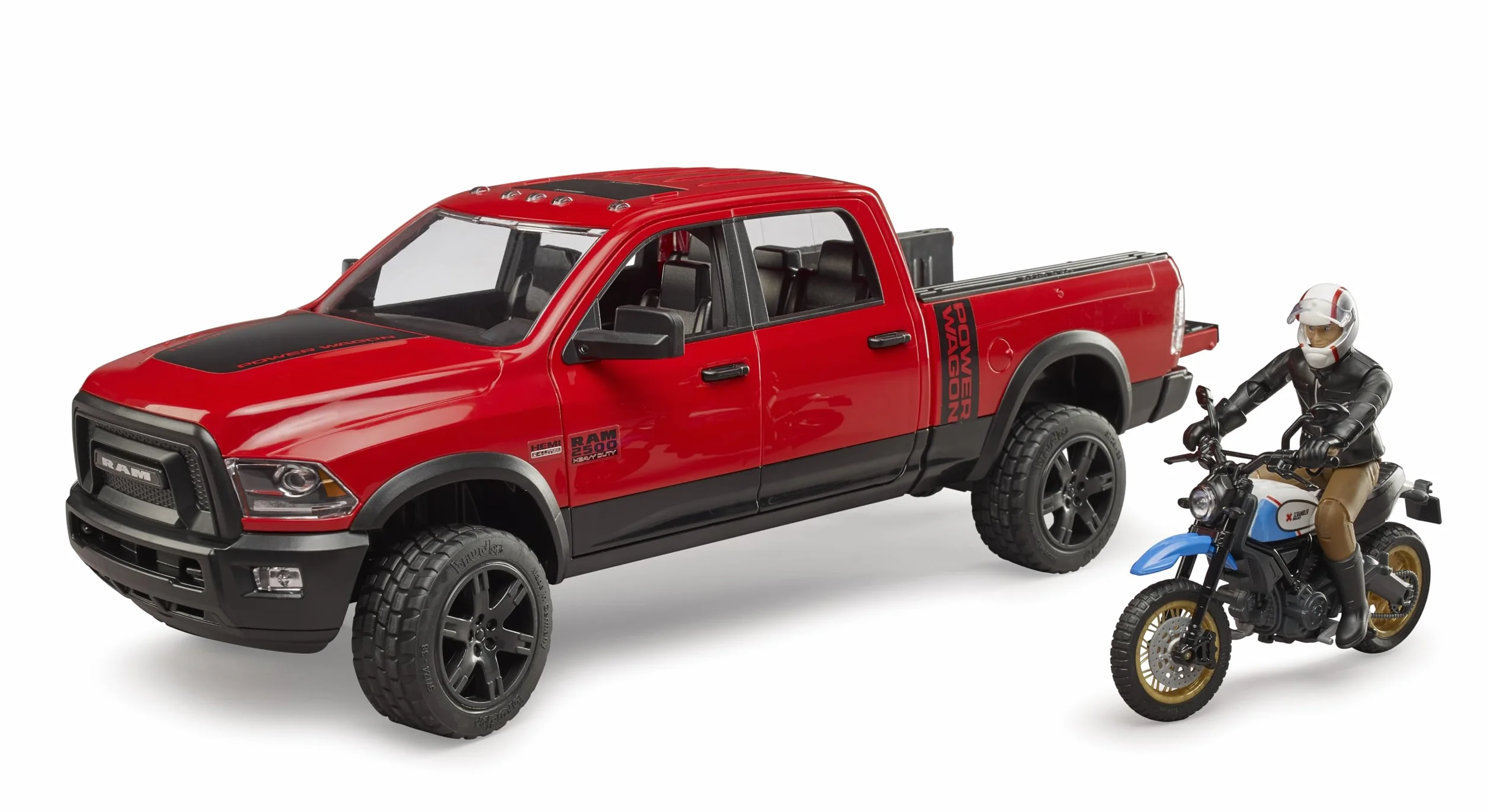 bruder 02502 - RAM 2500 Power Wagon z Ducati Desert Sled i kierowcą, pojazd terenowy, jeep, motocykl, pojazd