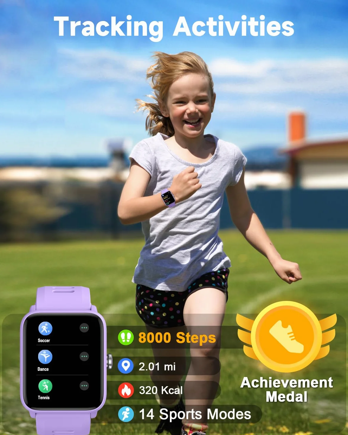 BIGGERFIVE Zegarek fitness dla dzieci, krokomierz, tętno, wodoodporność 5 ATM, monitorowanie snu, budzik, licznik kroków kalorii, gry logiczne, ekran dotykowy HD 1,5 cala, inteligentny zegarek dla
