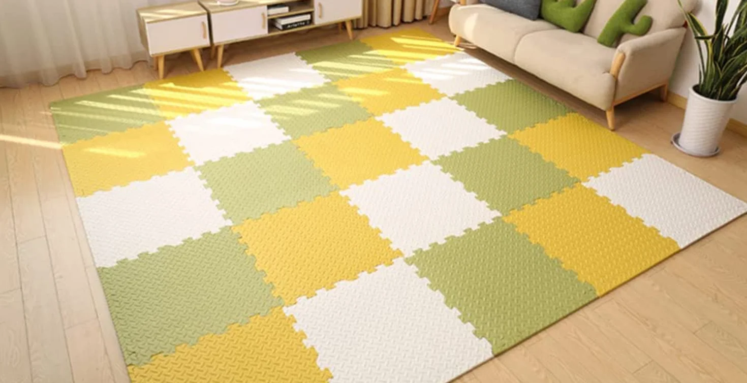18 puzzli z pianki EVA, mata do raczkowania, mata do zabawy, antypoślizgowa mata ochronna, 30 x 30 x 1,2 cm, maty treningowe, maty do jogi, białe + żółte + zielone