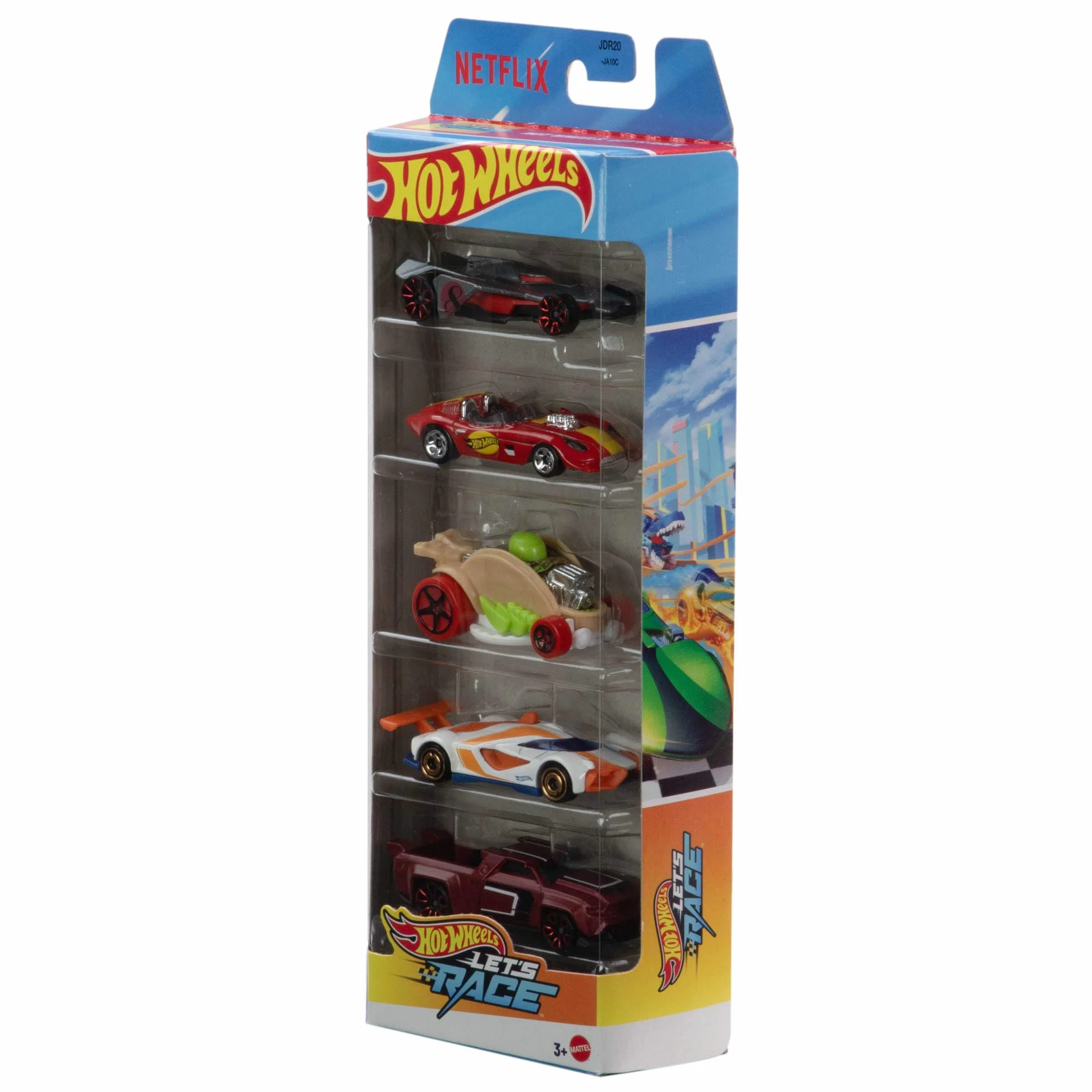 Hot Wheels Let’s Race – Na start! Metalowe samochody 5-pak Zestaw aut zabawek w skali 1:64 inspirowanych serialem Netflixa „Let’s Race – Na start!” JDR20