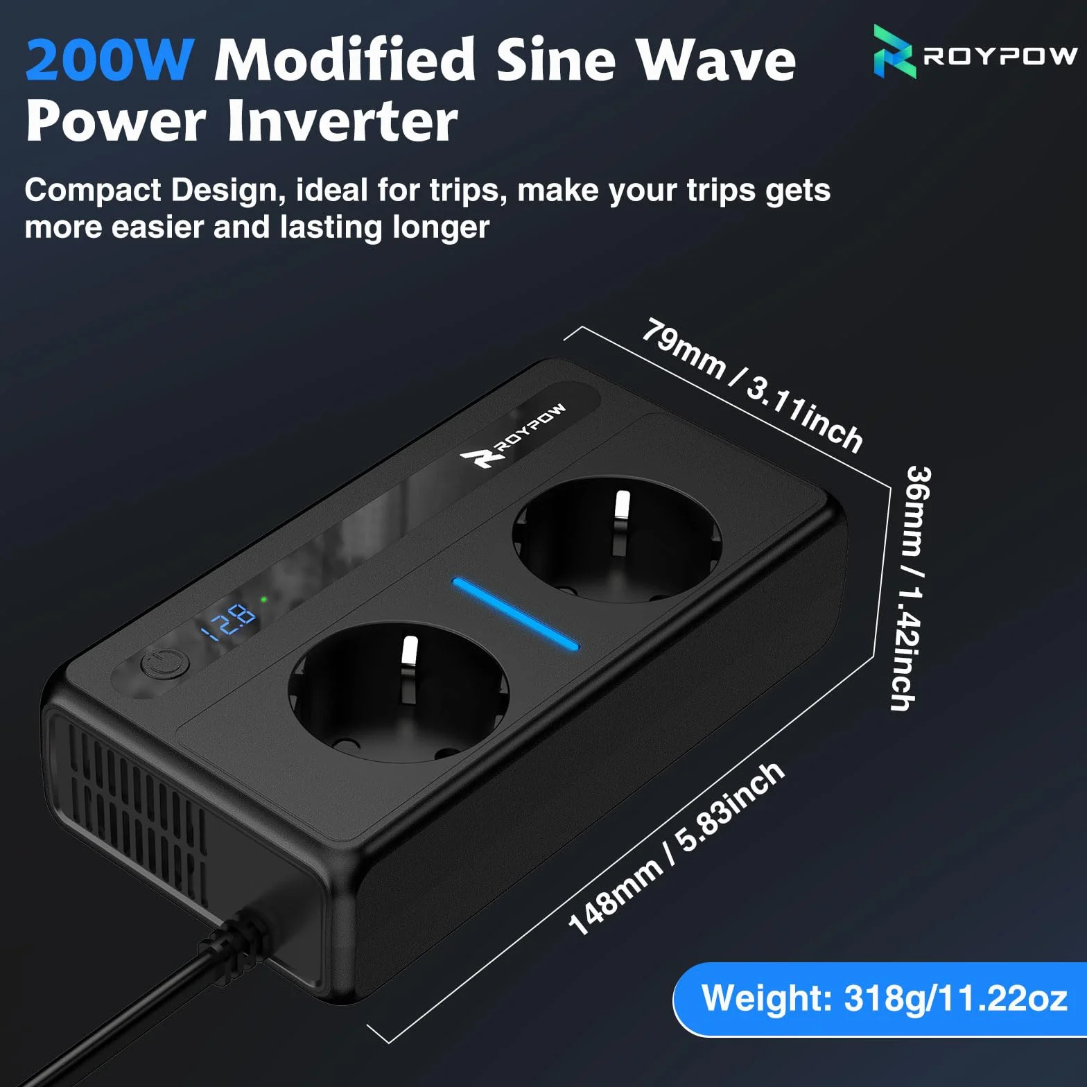 RoyPow Przetwornica napięcia DC na AC, 200 W, 12 V do 230 V, z 2 gniazdami i 4 portami USB, szybkie ładowanie, ładowarka samochodowa z wtyczką do zapalniczki samochodowej
