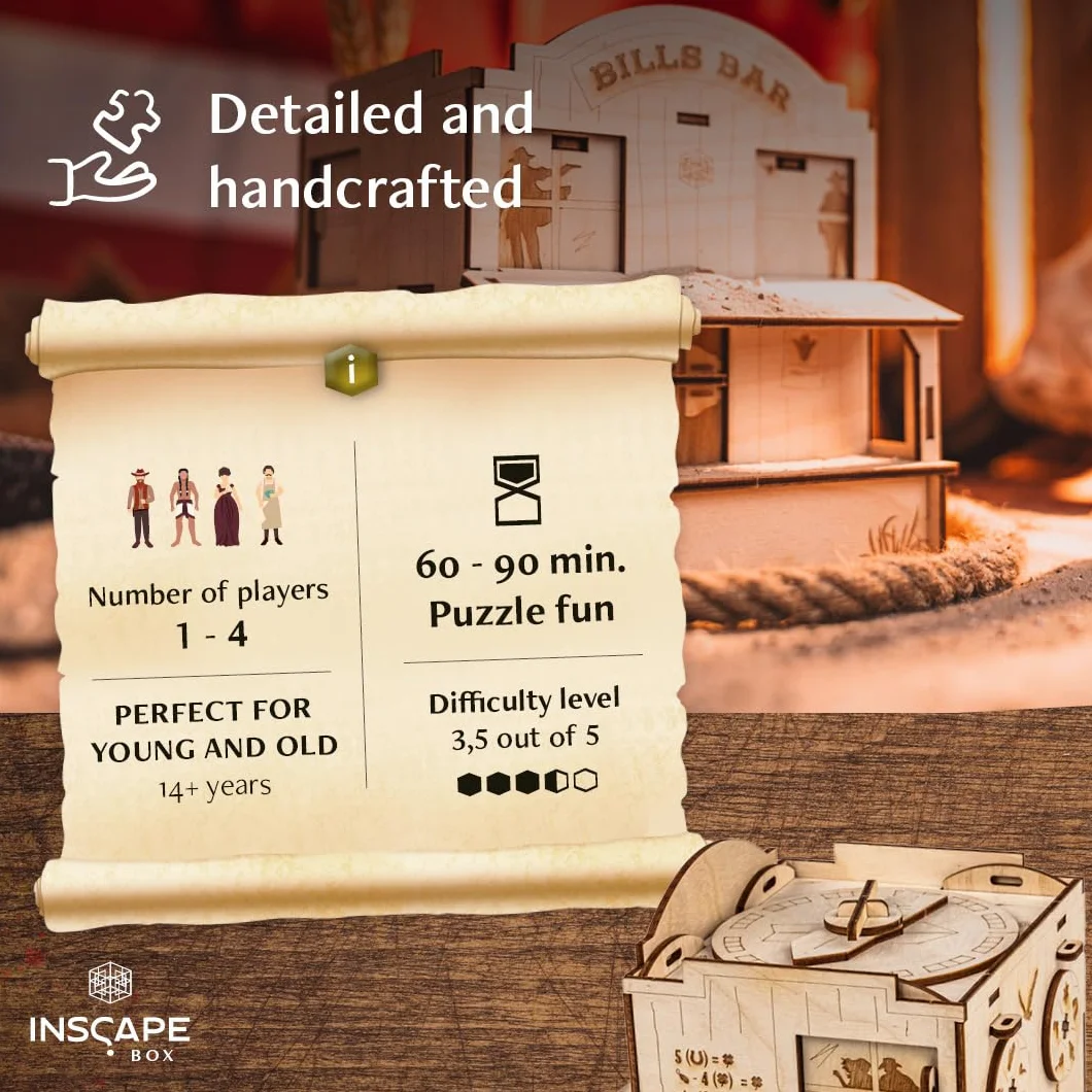 INSCAPE Wild West Riddles drewniane pudełko z puzzlami - puzzle - Escape Room gra dla dorosłych i dzieci - gry logiczne dla dorosłych - drewniane puzzle 3D - Cluebox - gry myślące