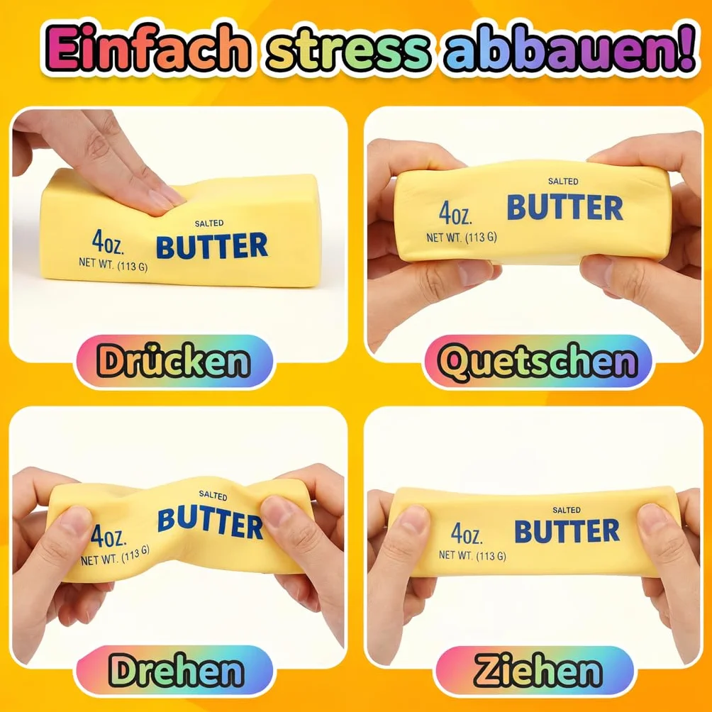 Squeeze Toy Butter – zabawna zabawka Squishy Fidget Toy dla dzieci i dorosłych, miękka, antystresowa, do ugniatania, piłka antystresowa do ugniatania, zabawny gadżet (żółta/tęczowa, 1 szt. w zestawie