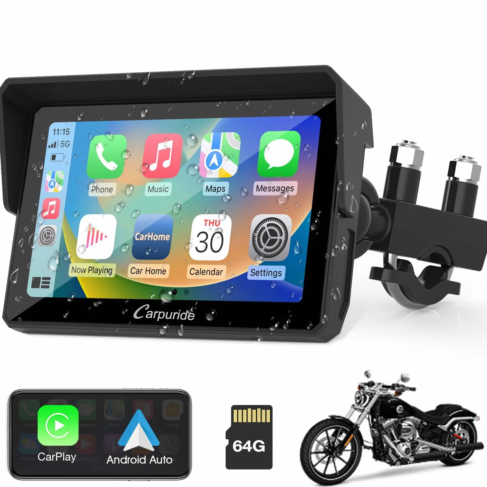 Carpuride W502 Wireless Carplay Android Auto przenośny ekran dotykowy 5 cali nawigacja GPS Bluetooth wodoodporny IP67 motocykl stereo 64GB