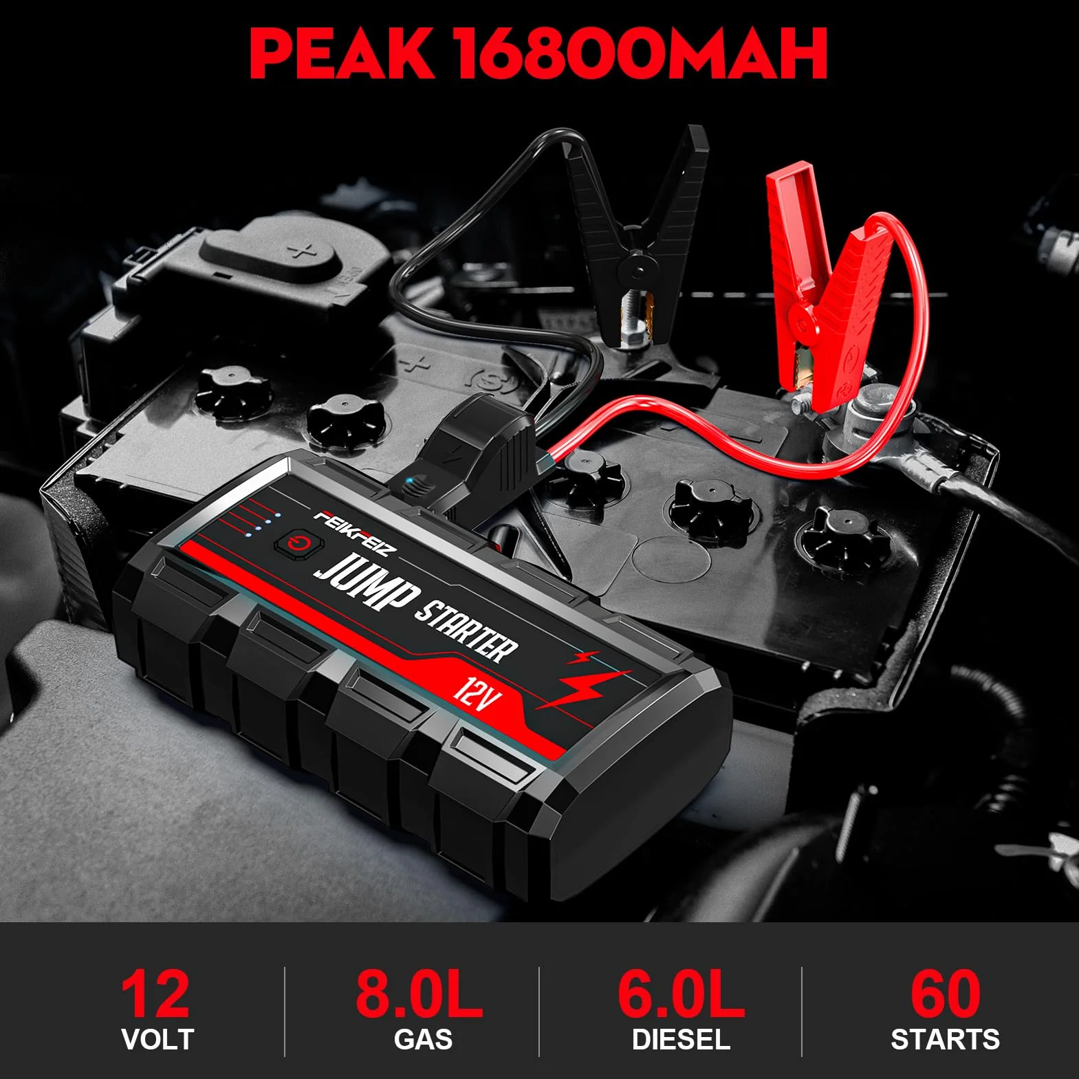FEIKFEIZ Powerbank rozruchowy 3000A 16800mAh 12V z latarką LED i wyjściem USB 3.0