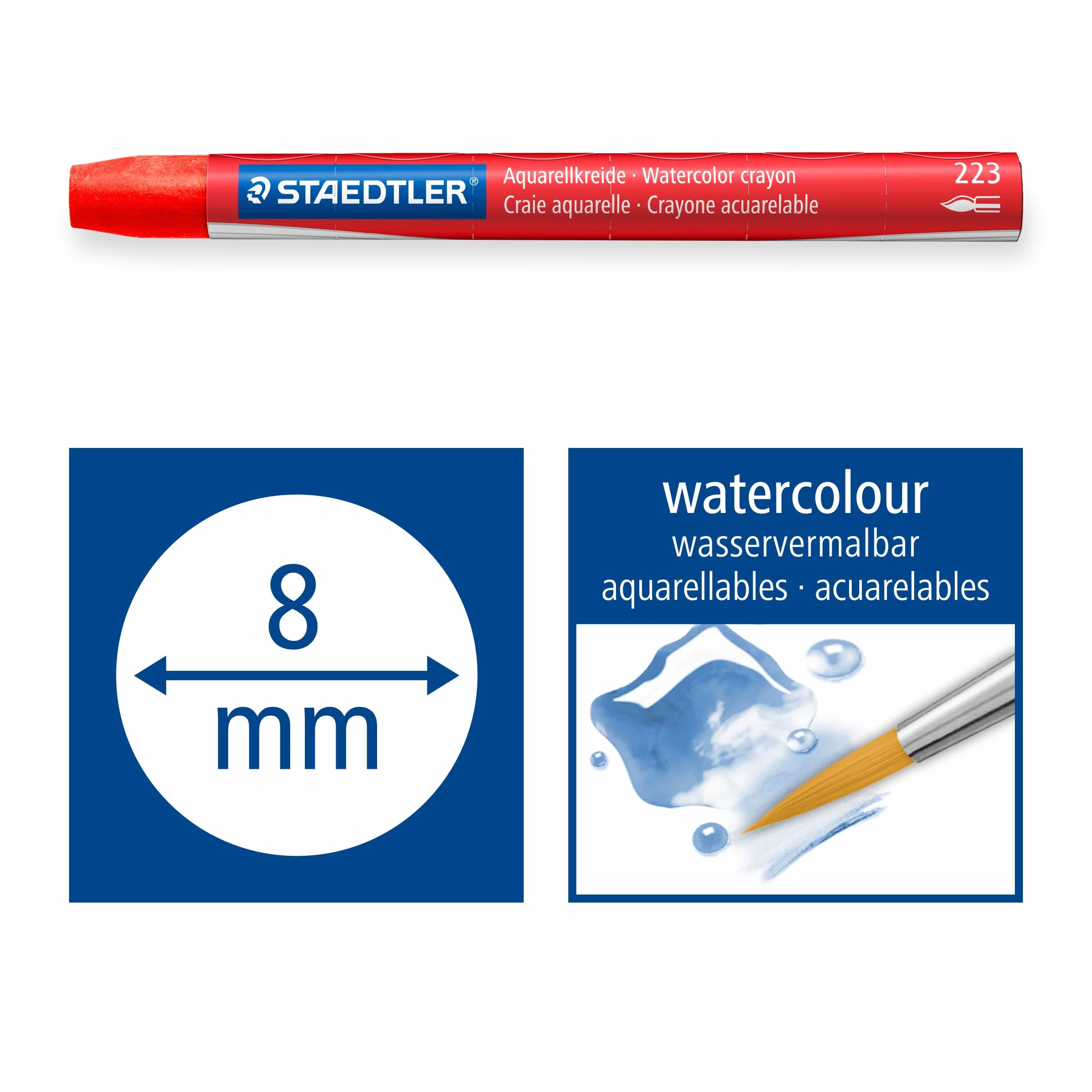 Staedtler 223 C24 kreda akwarelowa (jasne kolory, łatwo zmywalna, z wodoodporną banderolą, średnica 8 mm, okrągła) kartonowe etui z 24 żywymi kolorami